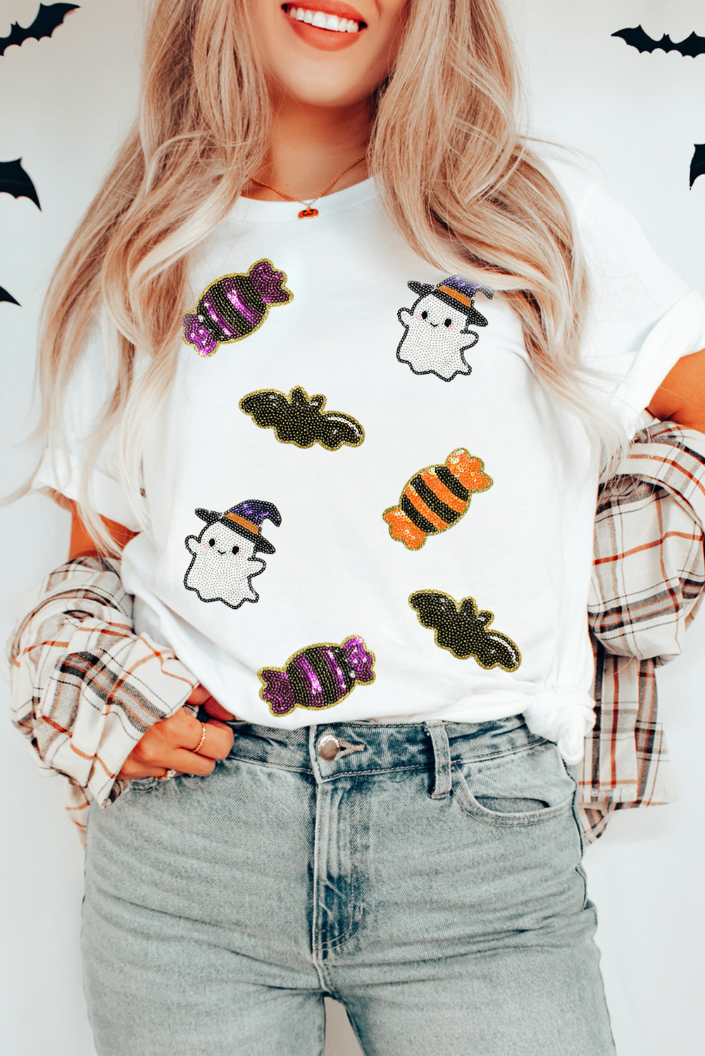 White Sequined Halloween Spirit Pattern Patched Custom Casual Tee - loveforevers