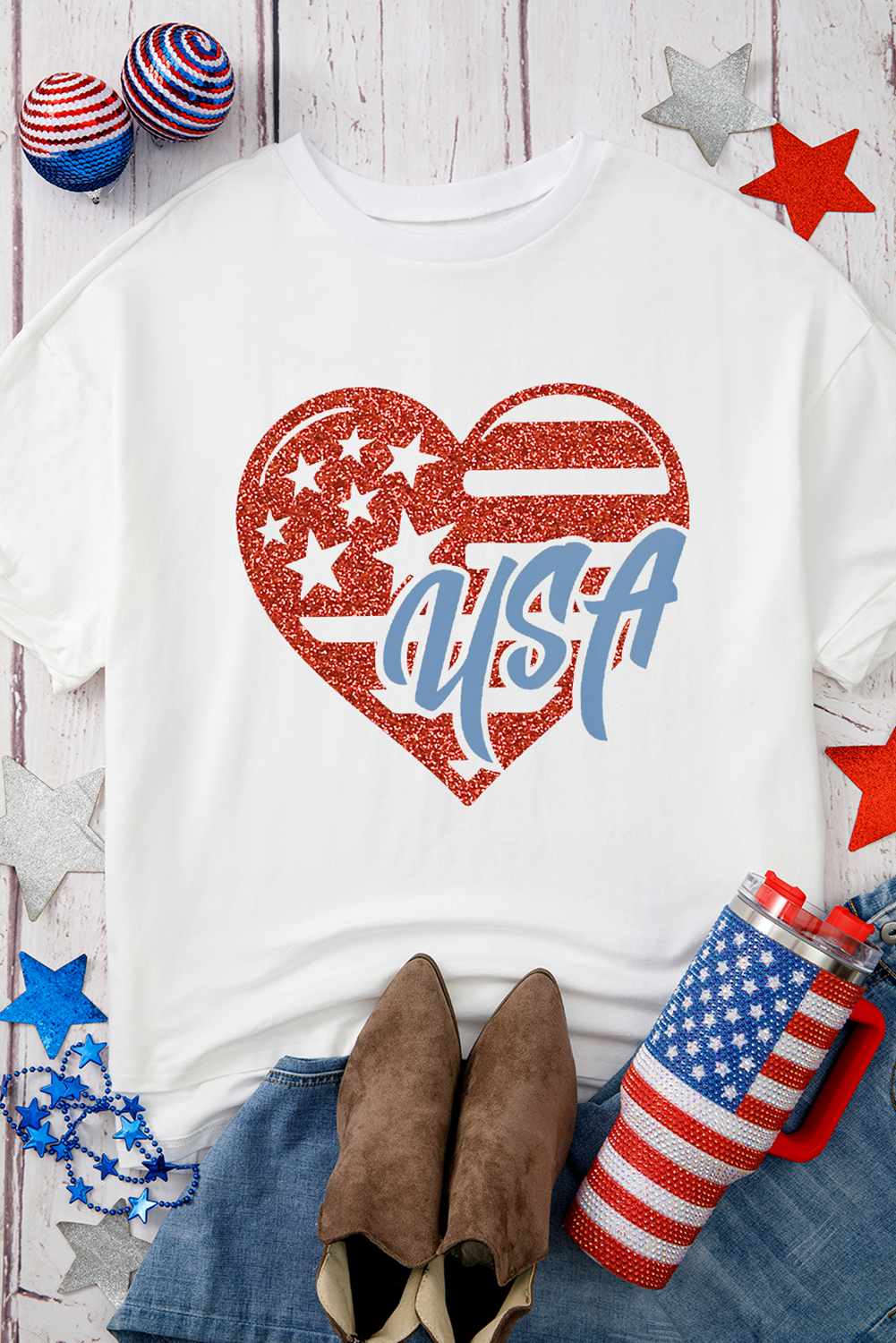 White Flag Pattern Inspired USA Heart Graphic Tee - loveforevers
