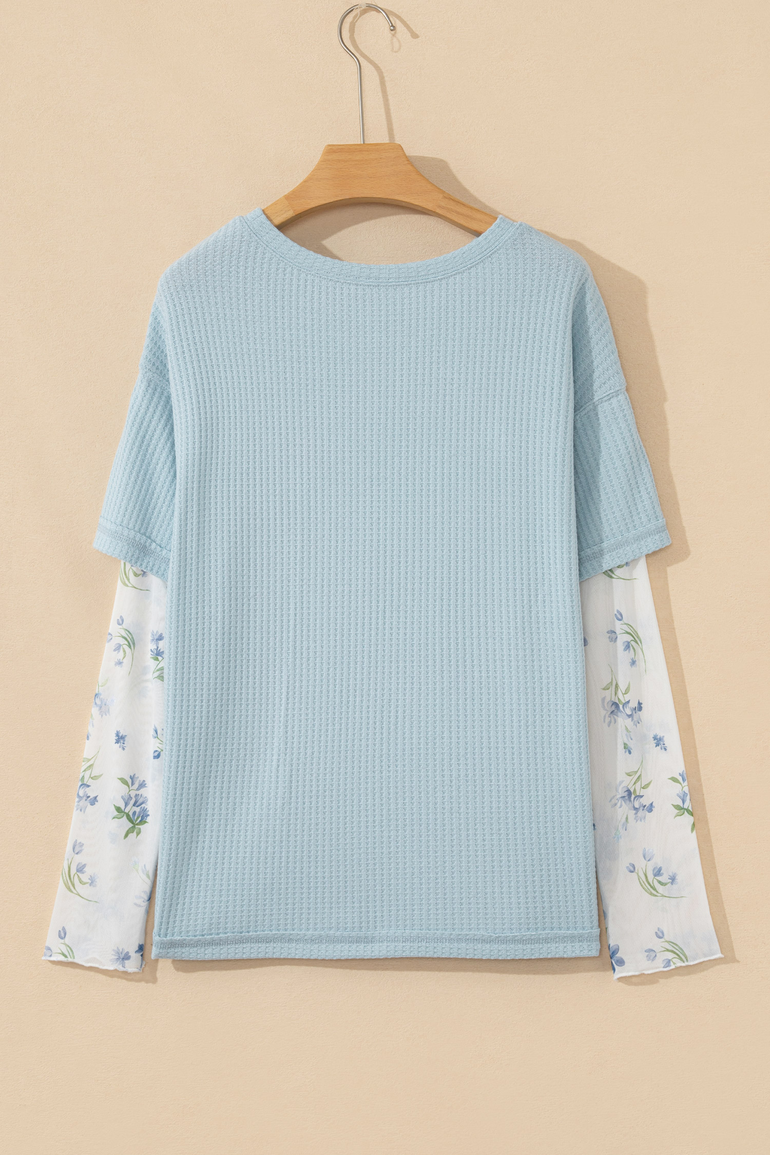 Beau Blue Floral Lace Sleeve Patchwork Waffle Fake Two-piece Top - loveforevers
