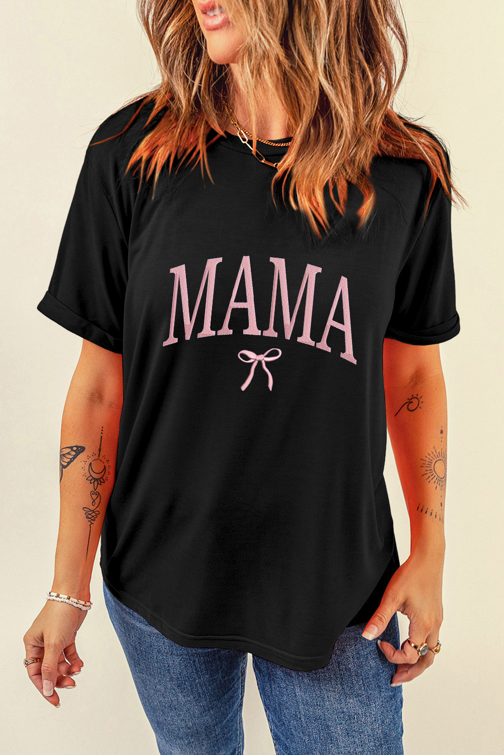 Black MAMA Bow Embroidered Crewneck Tee - loveforevers