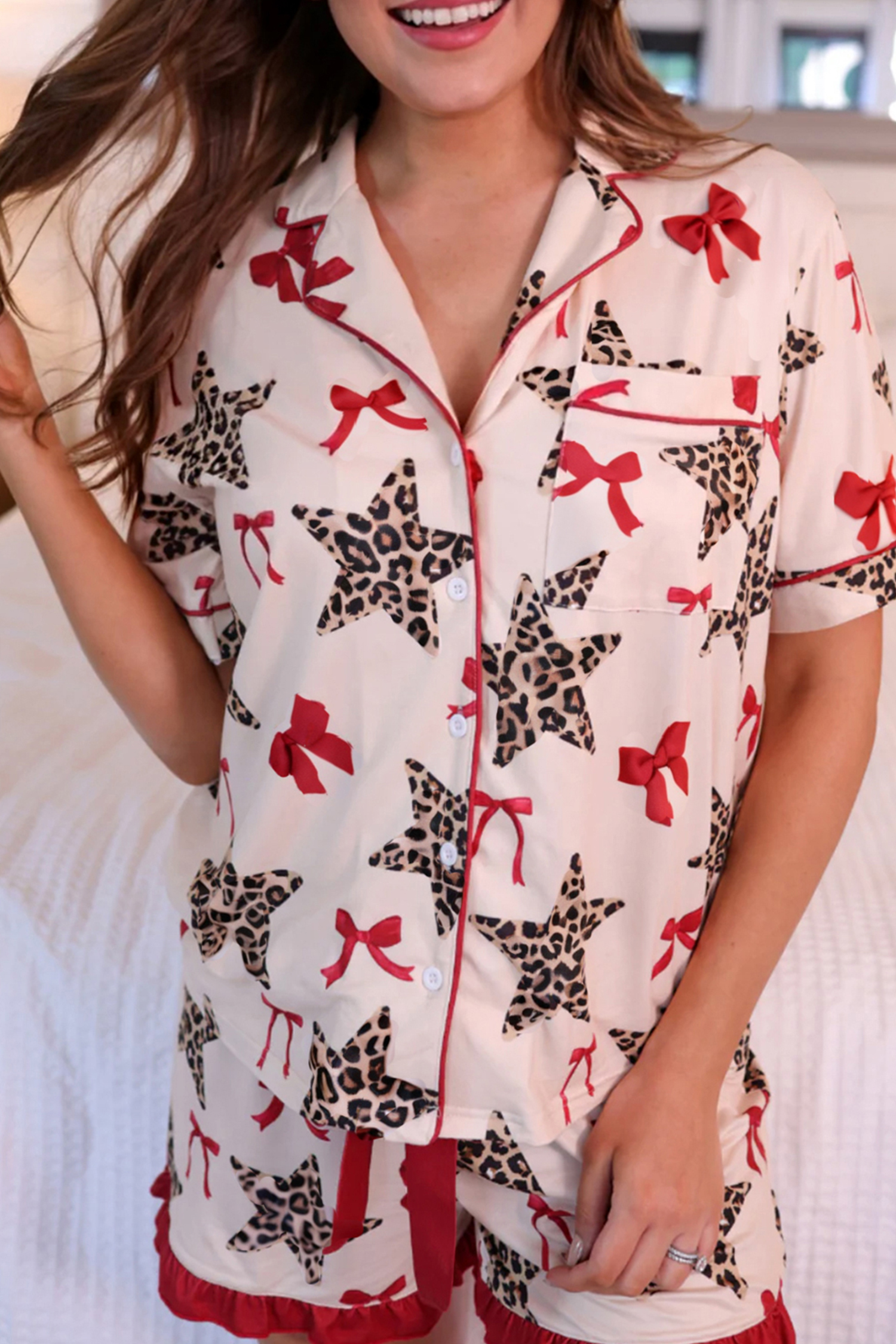 White Leopard Star Ribbon Bow Print Contrast Trim Short Pajama Set - loveforevers
