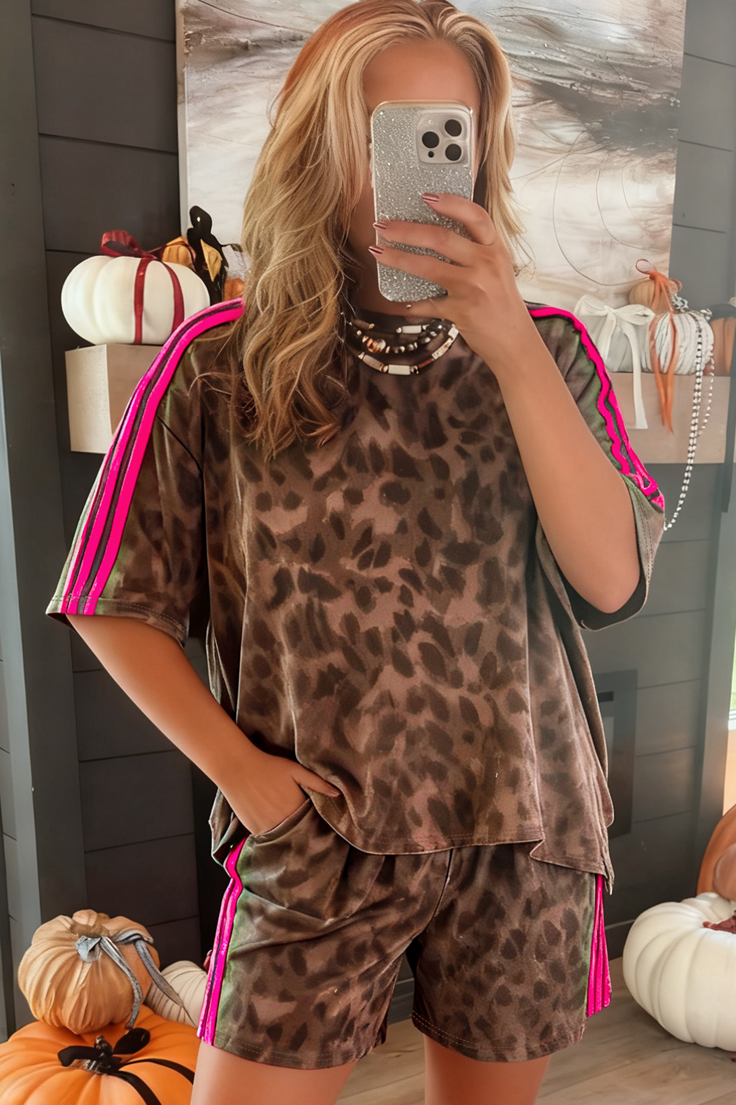 Brown Leopard Loose Tee Drawstring Waist Barrel Pants Set - loveforevers