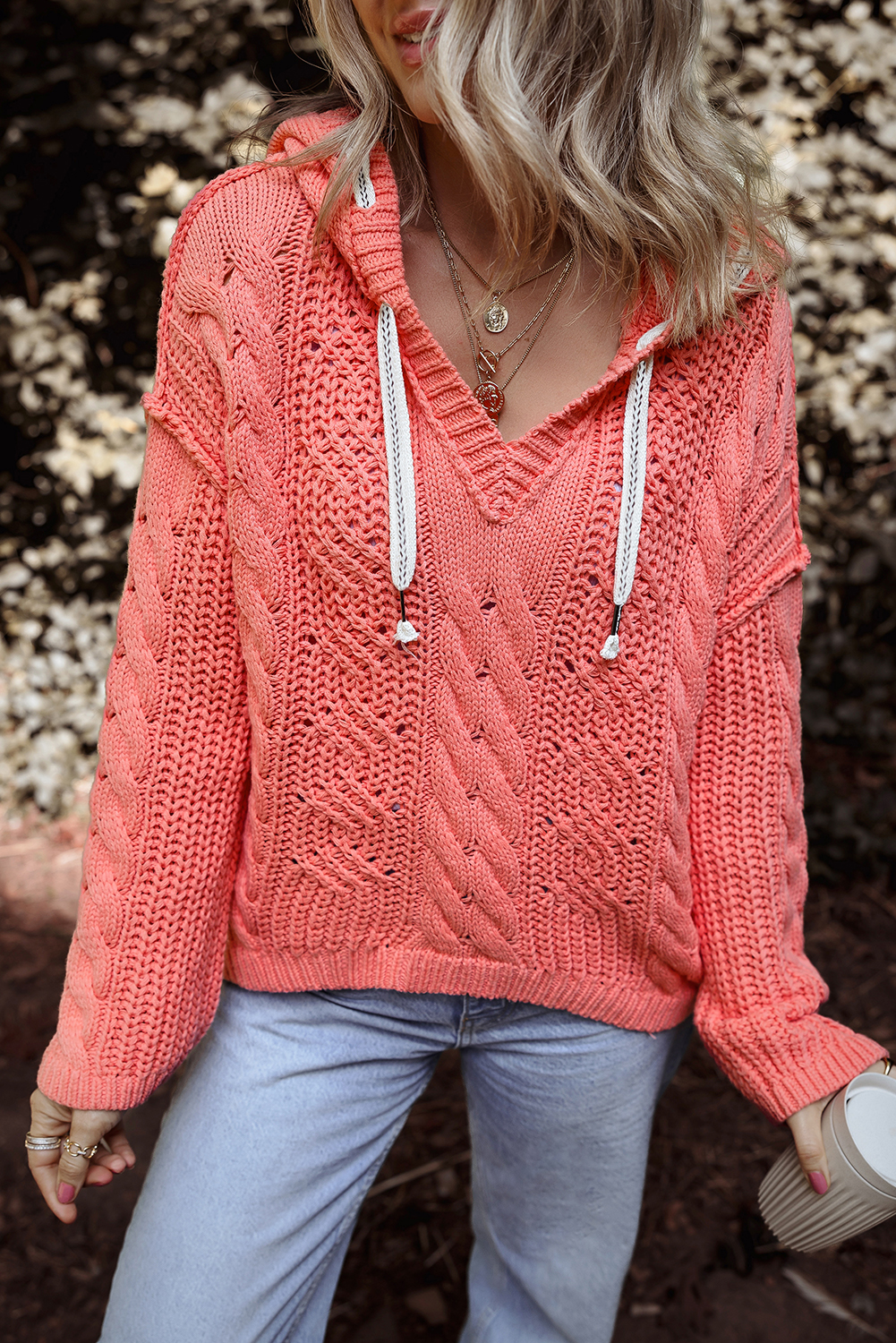 Gold Flame Cable Knit V Neck Contrast Drawstring Hooded Sweater - loveforevers