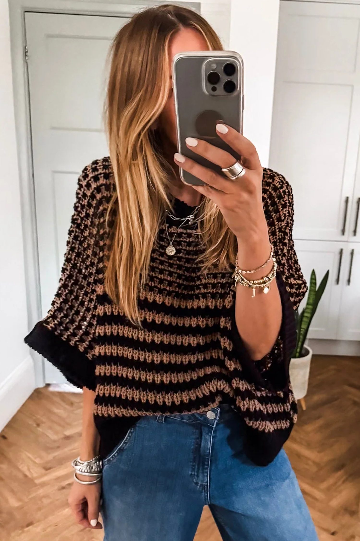 Black Stripe 3/4 Draped Sleeve Slouchy Sweater - loveforevers