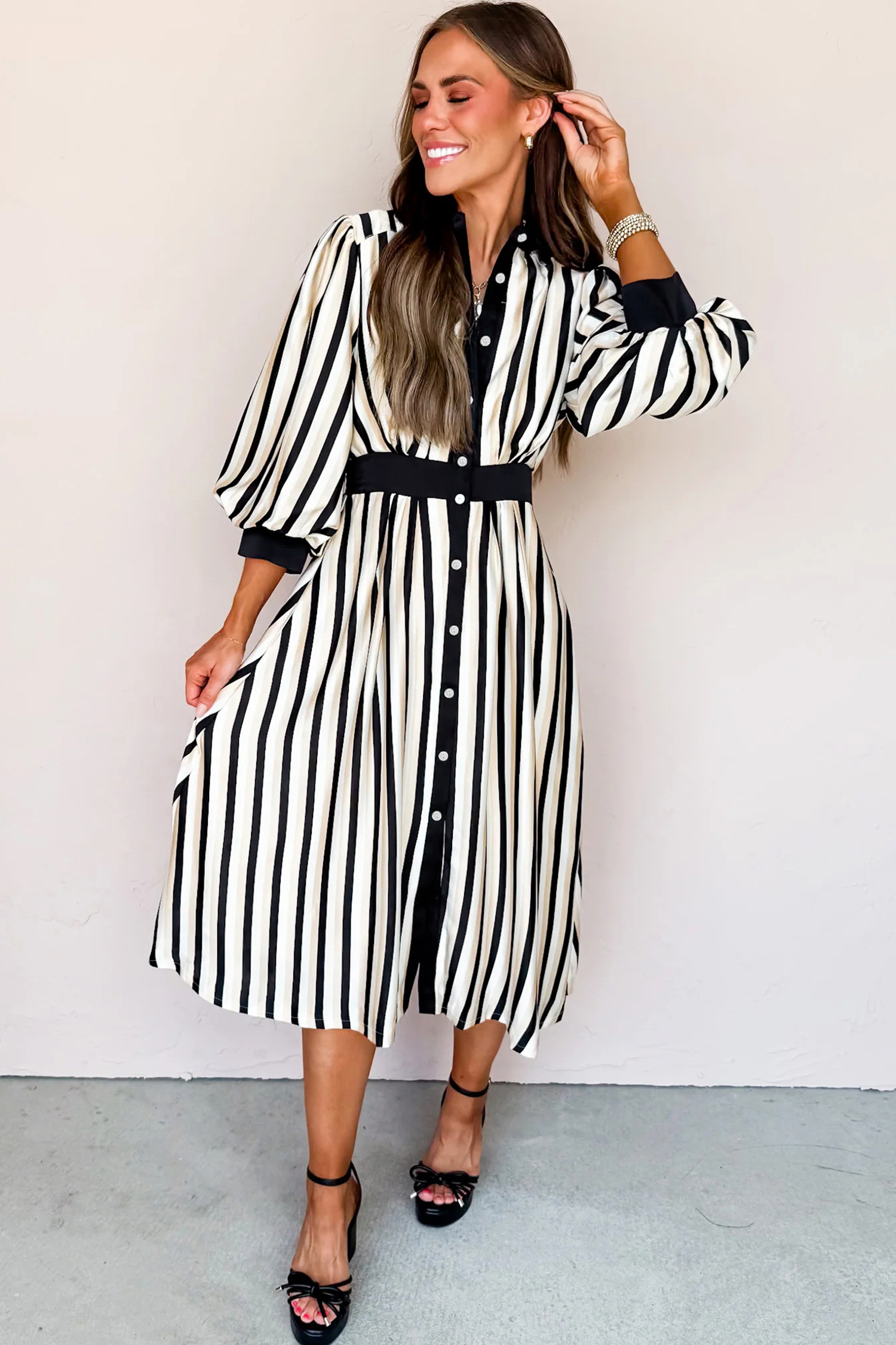 Black Stripe 3/4 Puff Sleeve Shirt Style Button Down Midi Dress - loveforevers