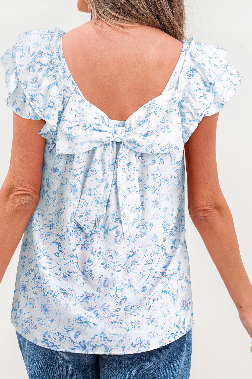 Beau Blue Textured Bow Knot Frilled Butterfly Sleeve Blouse - loveforevers