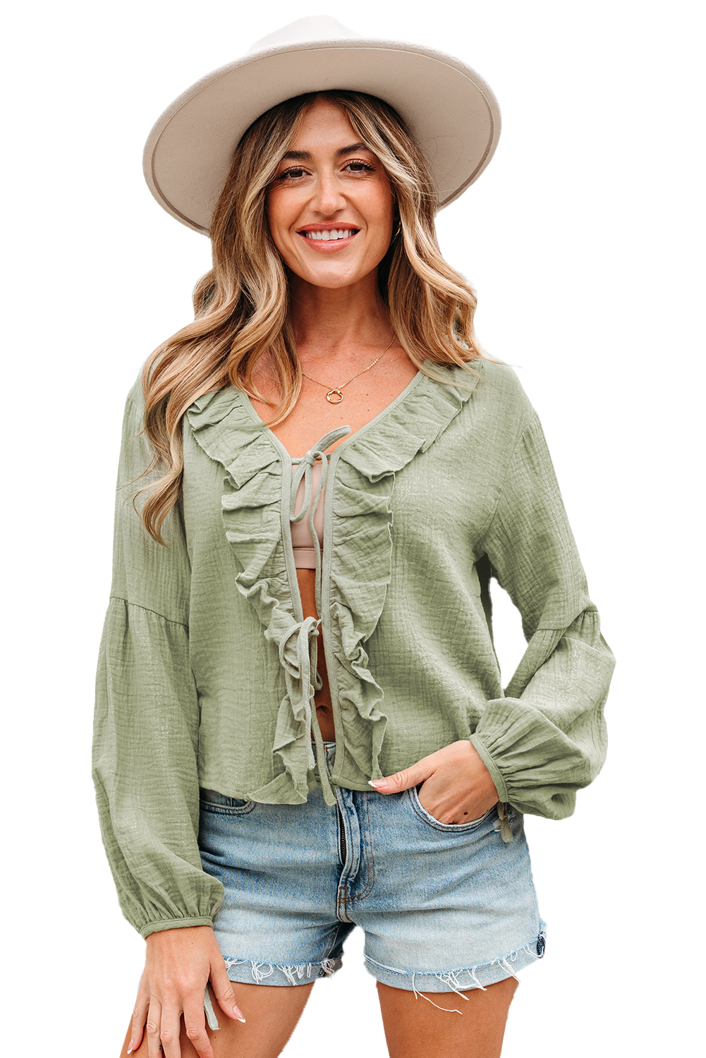 Meadow Mist Green Bow Tie Front Ruffle Trim V Neck Long Sleeve Gauze Blouse - loveforevers