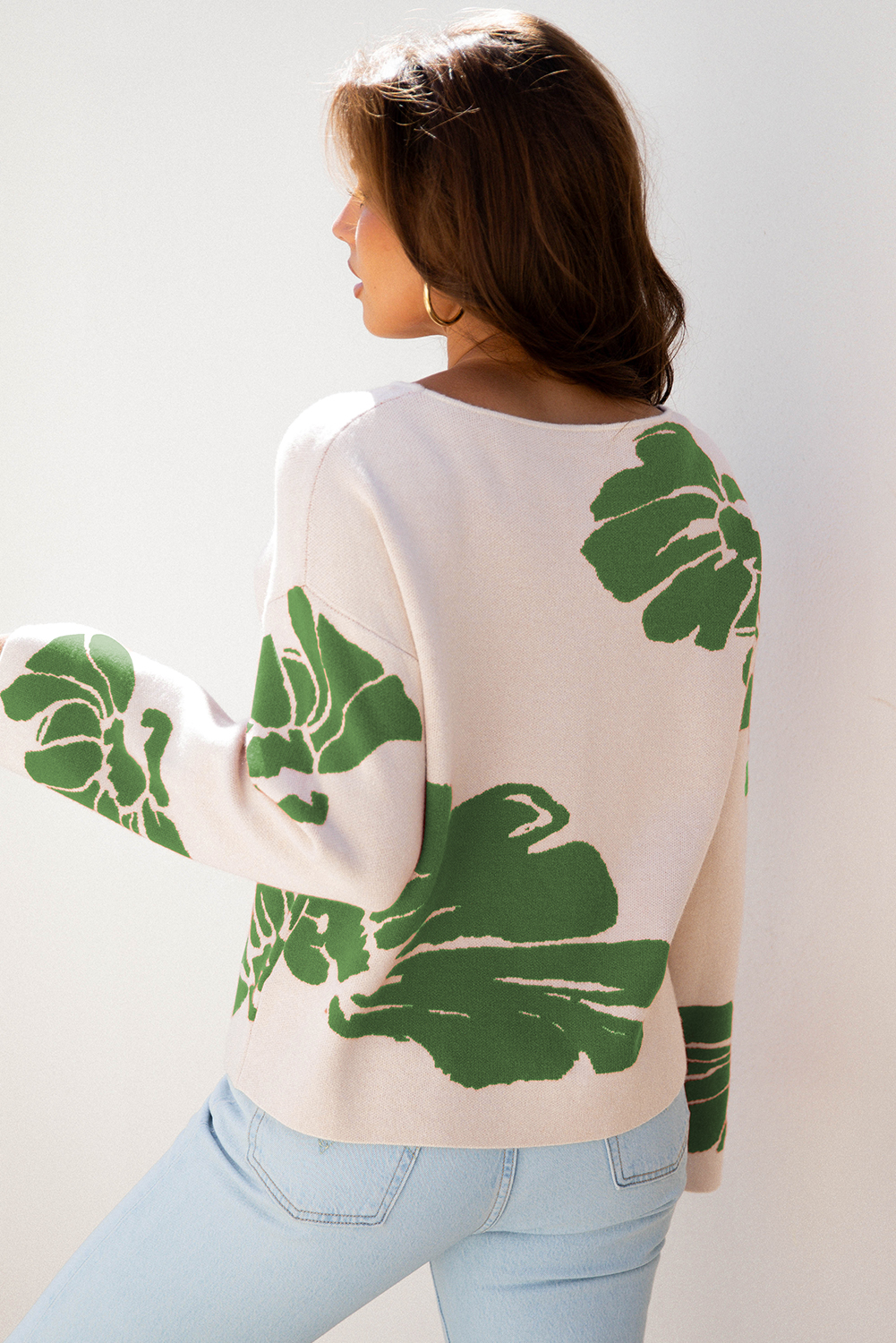 Beige Bold Flower Pattern Wide Sleeve Baggy Sweater - loveforevers