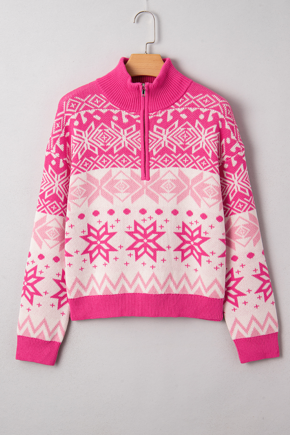 Rose Red Christmas Snowflake Quarter Zip Collard Sweater - loveforevers