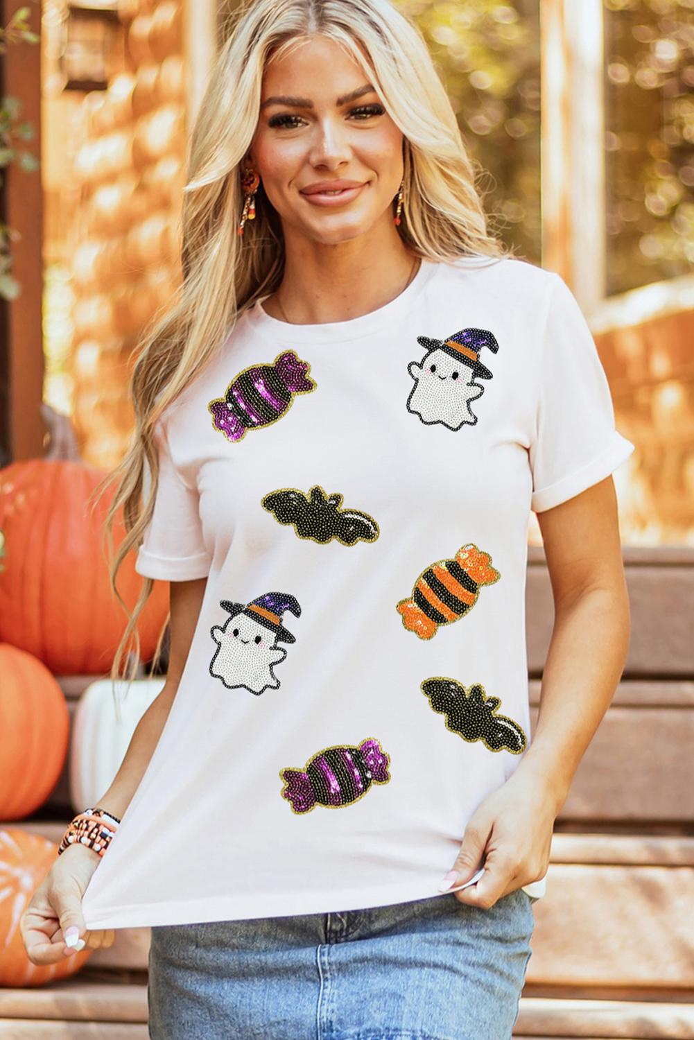 White Sequined Halloween Spirit Pattern Patched Custom Casual Tee - loveforevers