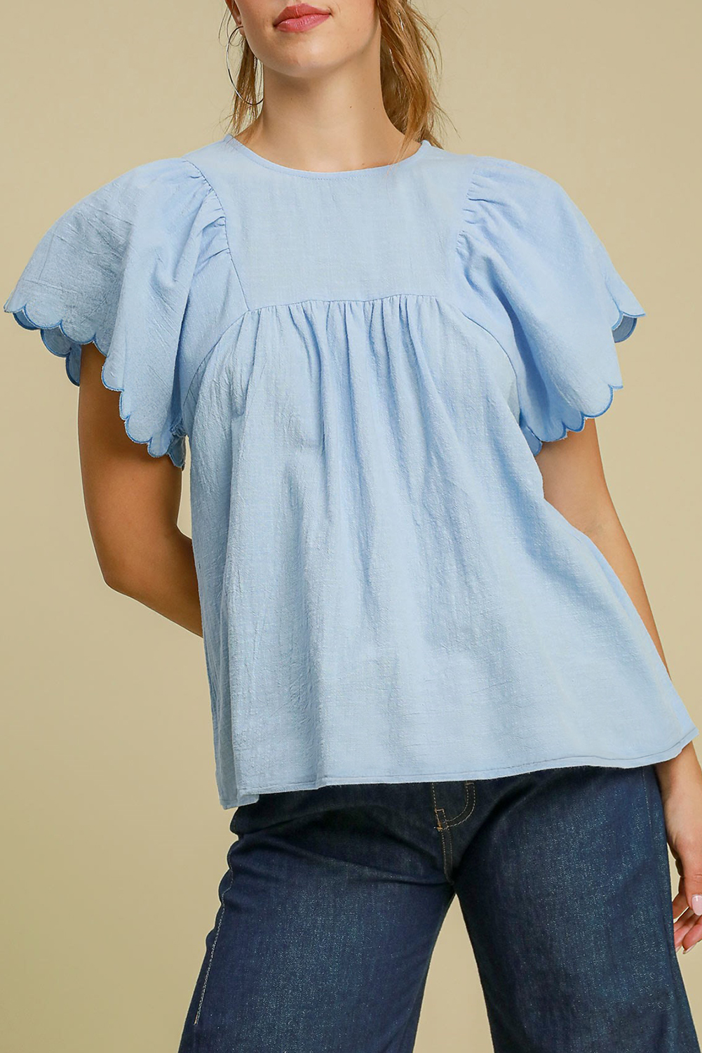 Beau Blue Solid Color Embroidered Scalloped Sleeves Crew Neck Blouse - loveforevers
