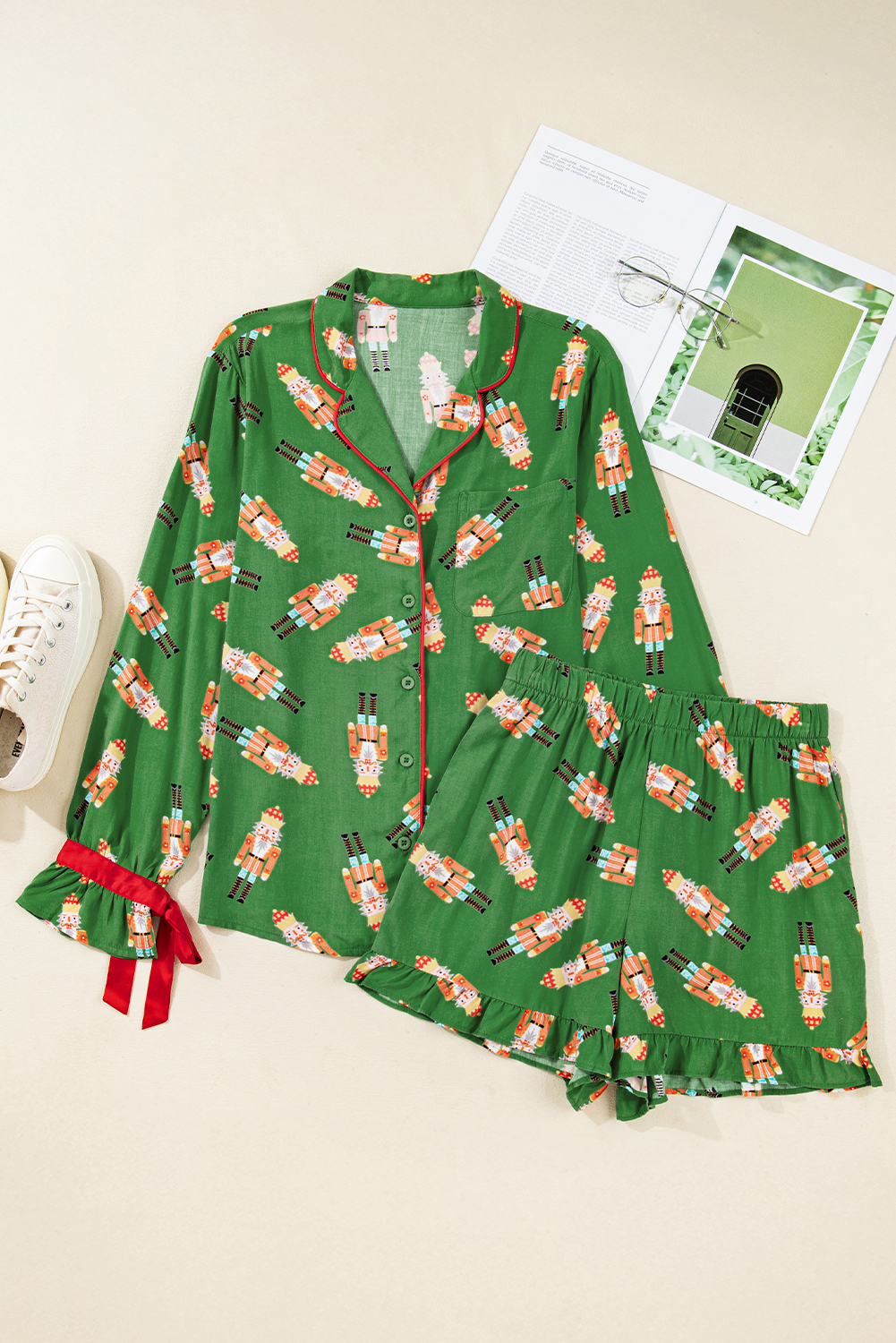 Green Christmas Candy Contrast Trim Bow Knot Silky 2pcs Pajama Set - loveforevers
