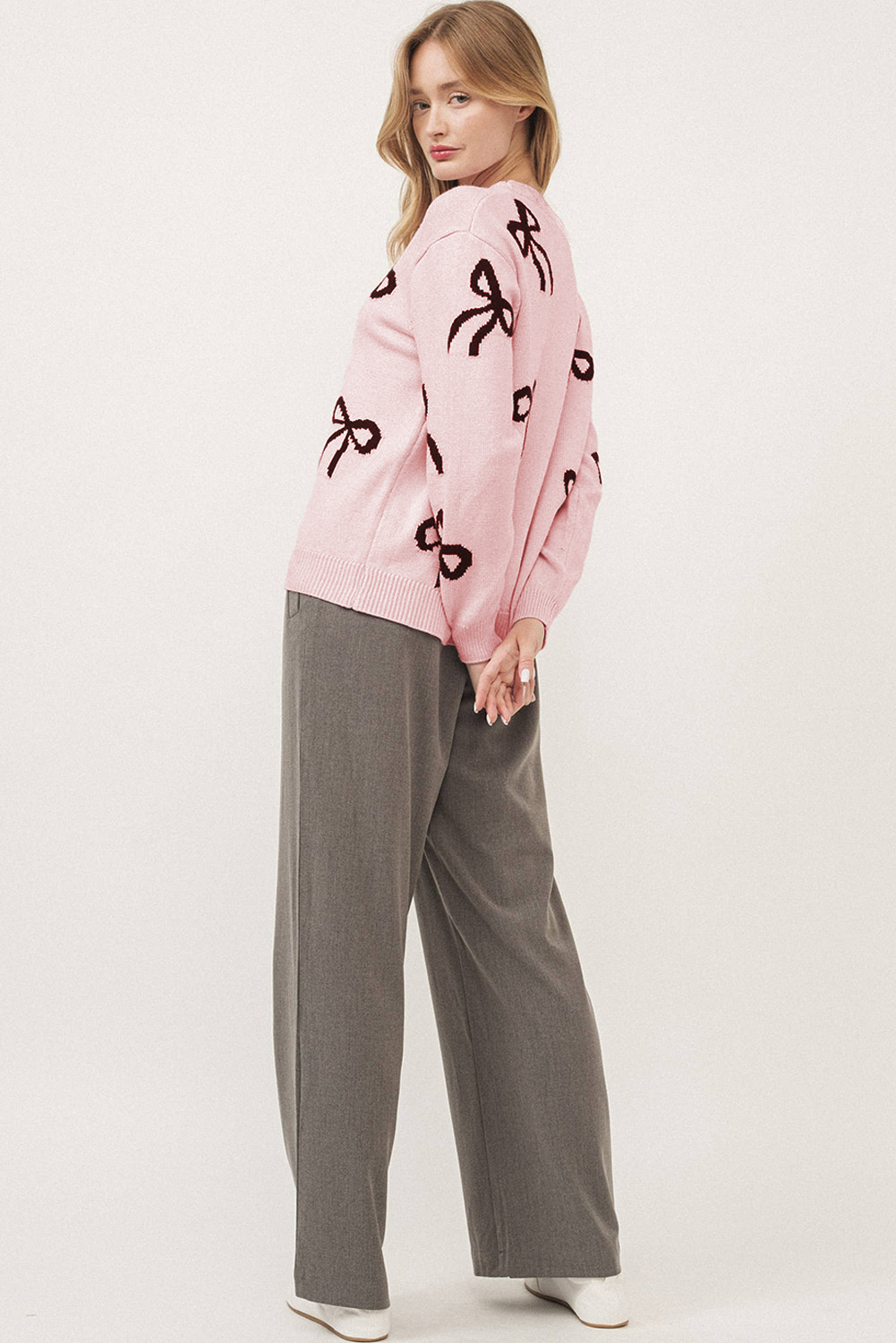 Light Pink Bow Pattern Knitted Loose Fit Sweater - loveforevers