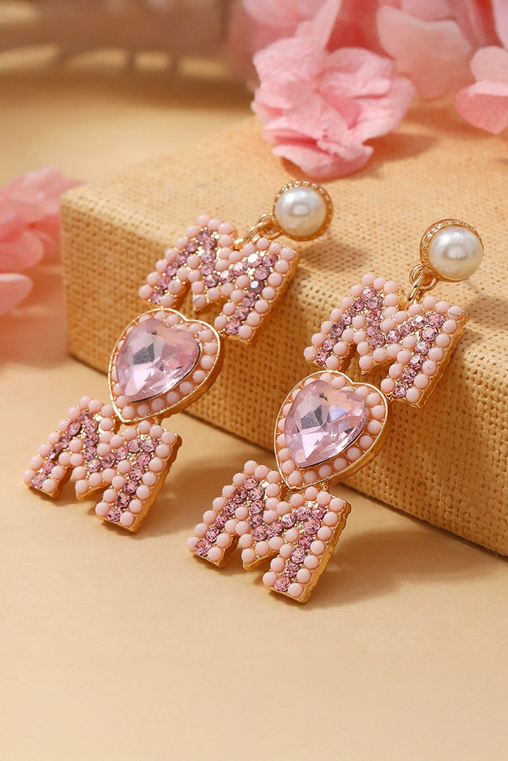 Light Pink Rhinestone Beaded Heart MOM Earrings - loveforevers