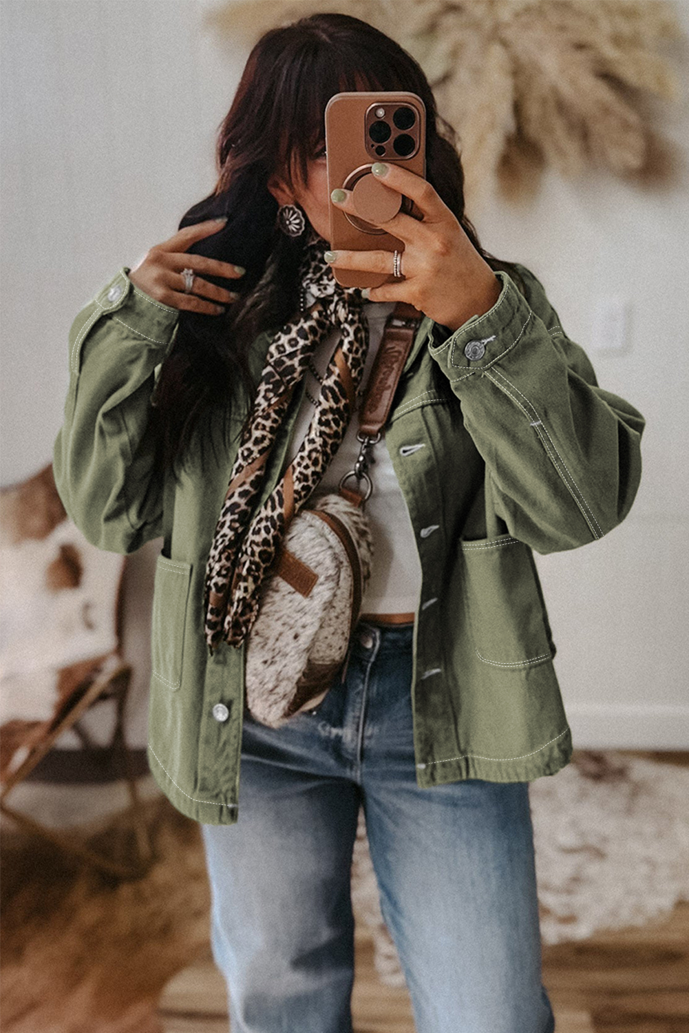 Smoke Green Patched Pocket Collared Button Front Boyfriend Denim Jacket - loveforevers