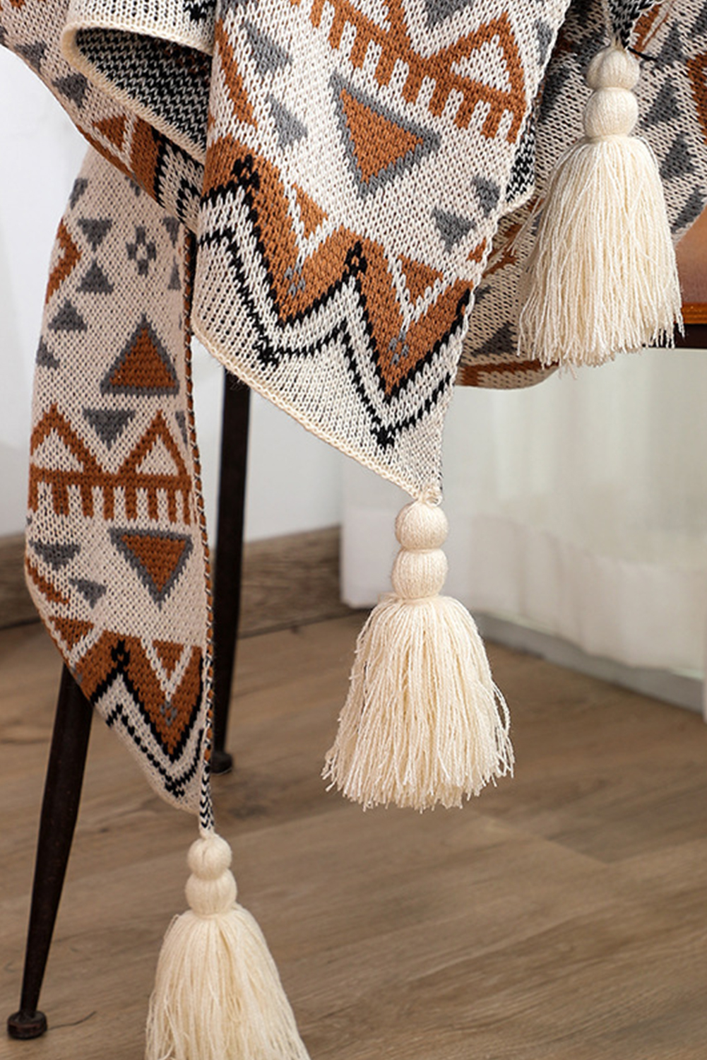Parchment Geometric Pattern Knit Bohemian Tassel Blanket - loveforevers