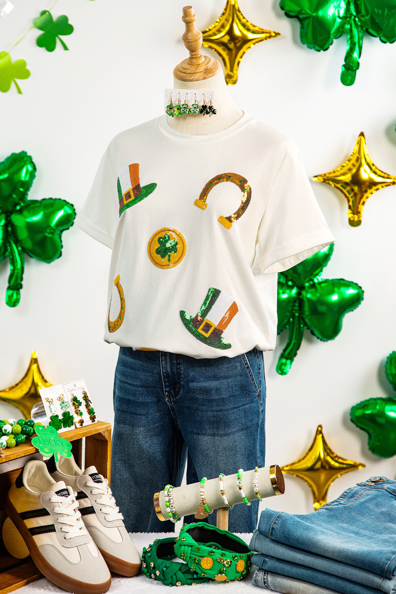 White St Patricks Day Sequin Graphic Casual T Shirt - loveforevers