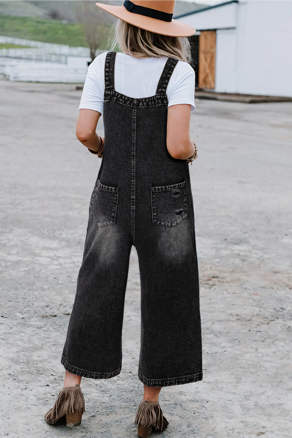Stone Blue Distressed Bib Pocket Wide Leg Denim Overall - loveforevers