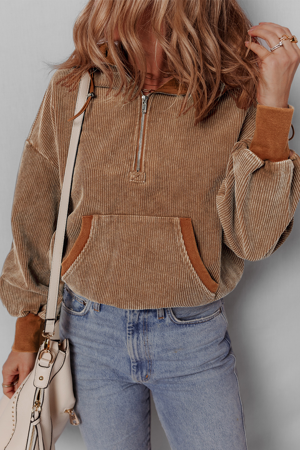 Chestnut Half Zipper Kangaroo Pocket Drawstring Corduroy Hoodie - loveforevers