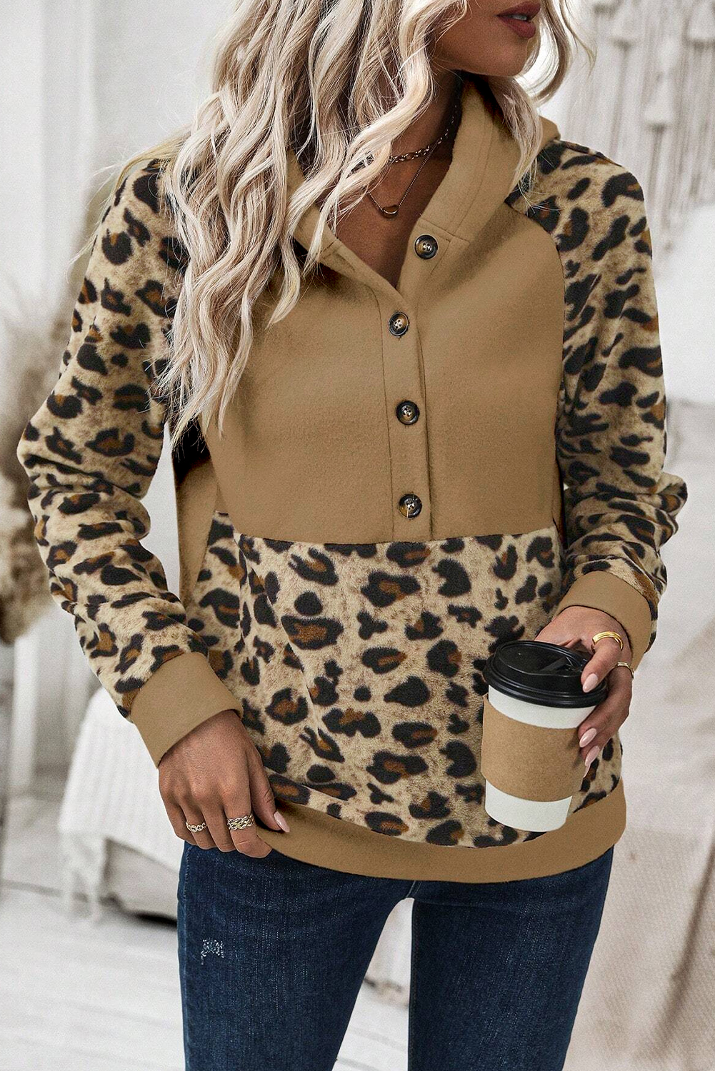 Light French Beige Leopard Print Patchwork Raglan Sleeve Half Buttons Hoodie - loveforevers