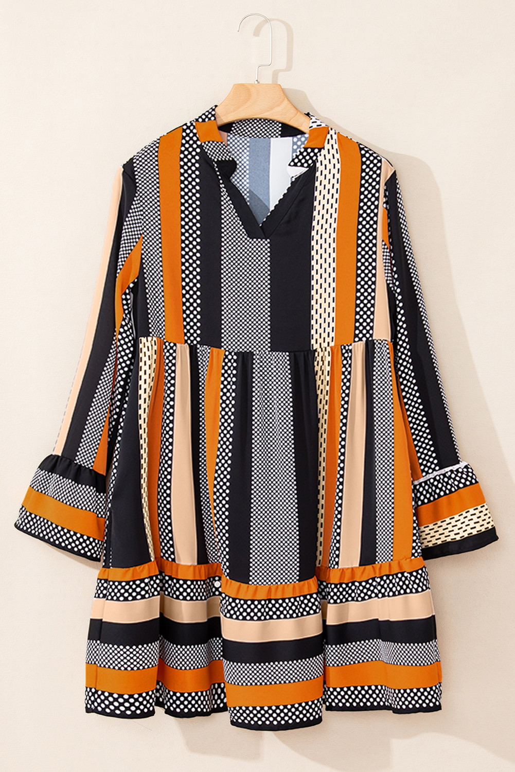 Black Striped Polka Dot Print Ruffled Hem V Neck Mini Dress - loveforevers
