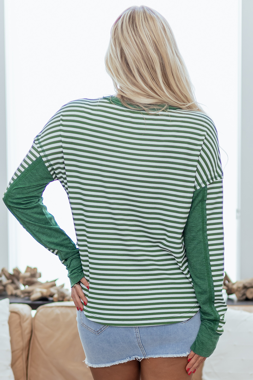 Dearlovers Green Stripe Thermal Knit Drop Shoulder Casual Top - loveforevers