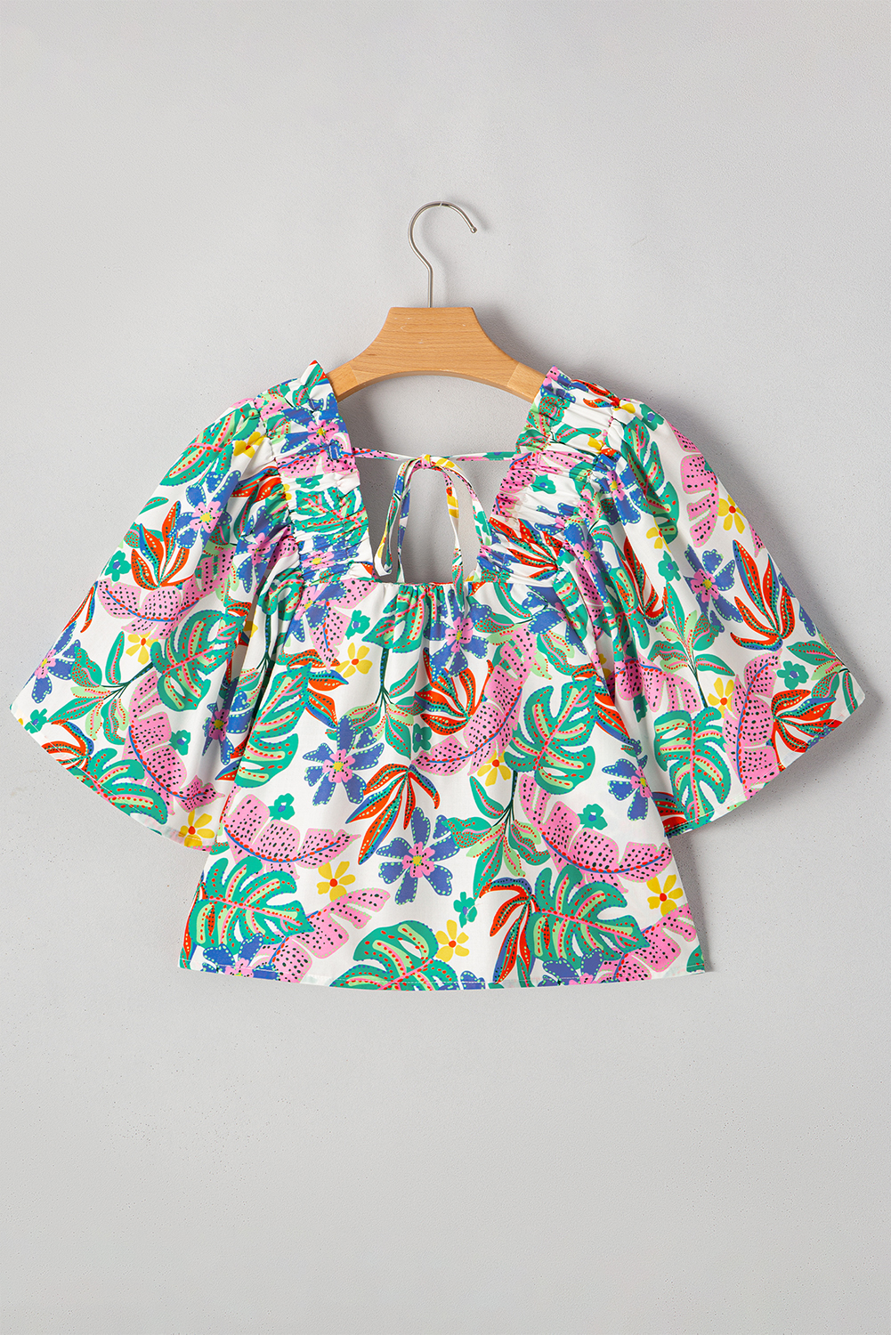 Green Plant Print Loose Fit Puff Sleeve Square Neck Blouse - loveforevers