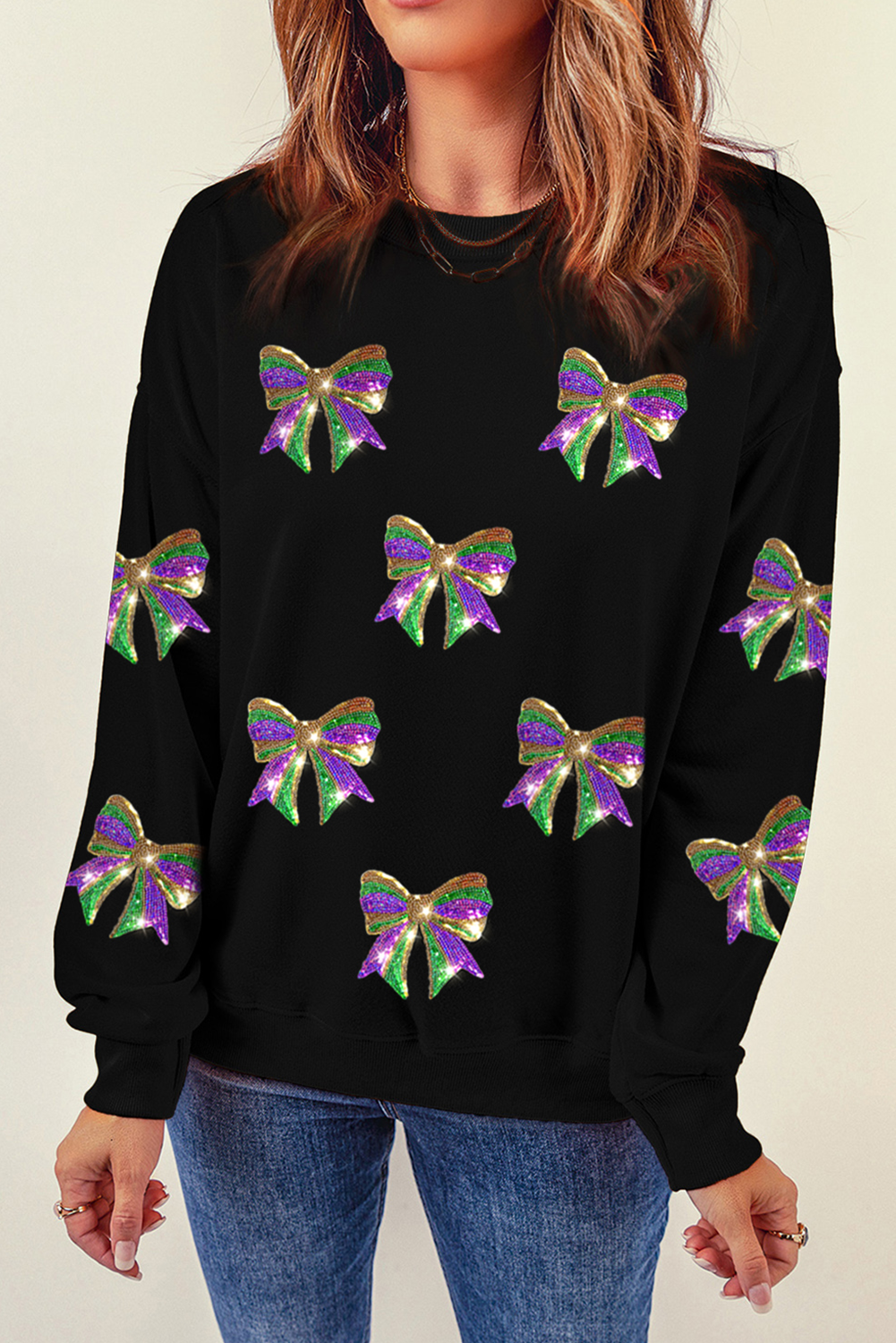 Black Sequin Mardi Gras Bow Graphic Drop Shoulder Pullover Sweatshirt - loveforevers