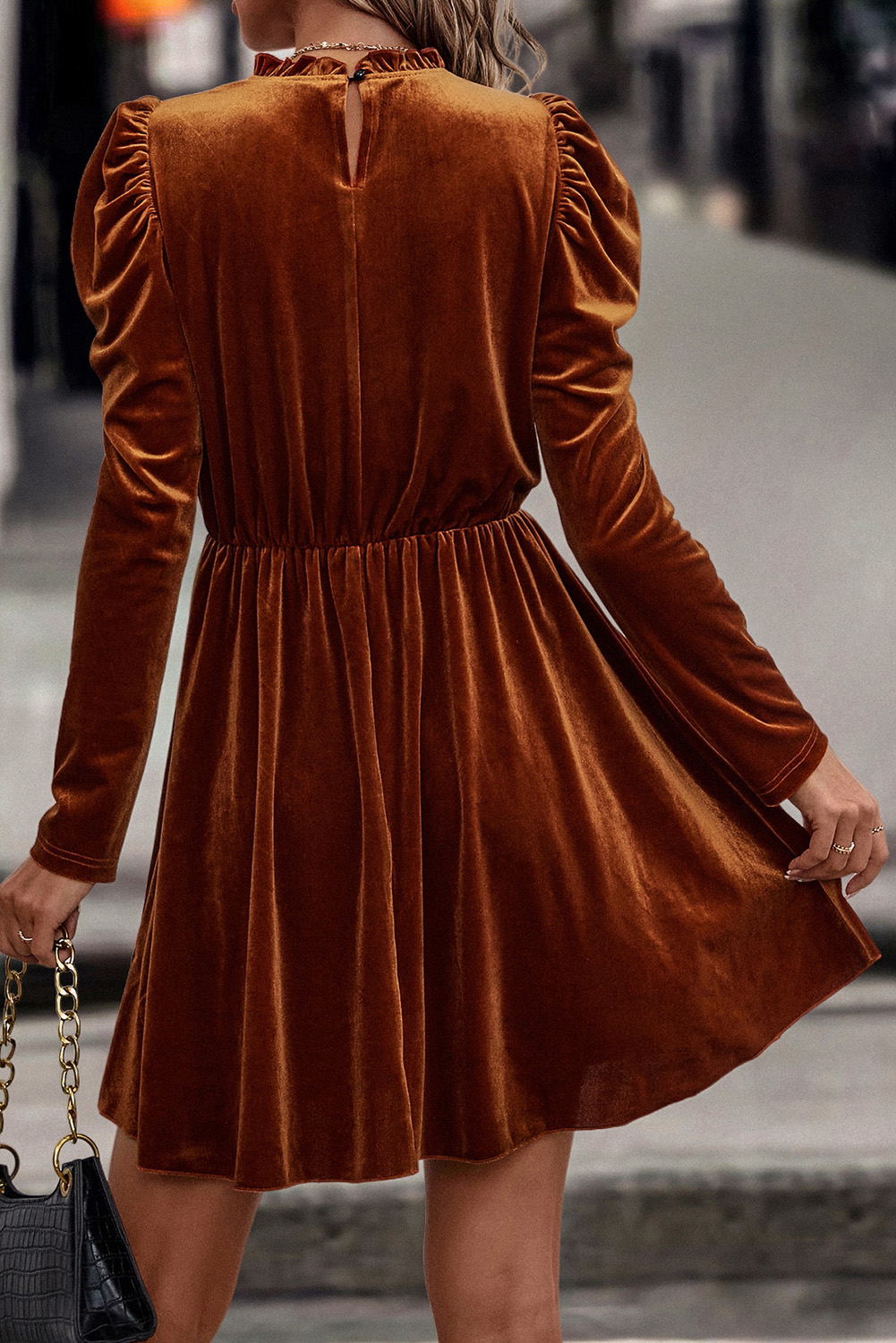 Chestnut Velvet Frilled Neck Gigot Sleeve Swing Dress - loveforevers