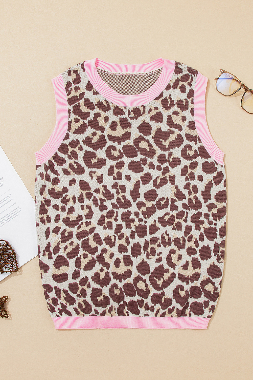Brown Leopard Pattern Contrast Ribbed Trim Sweater Vest - loveforevers