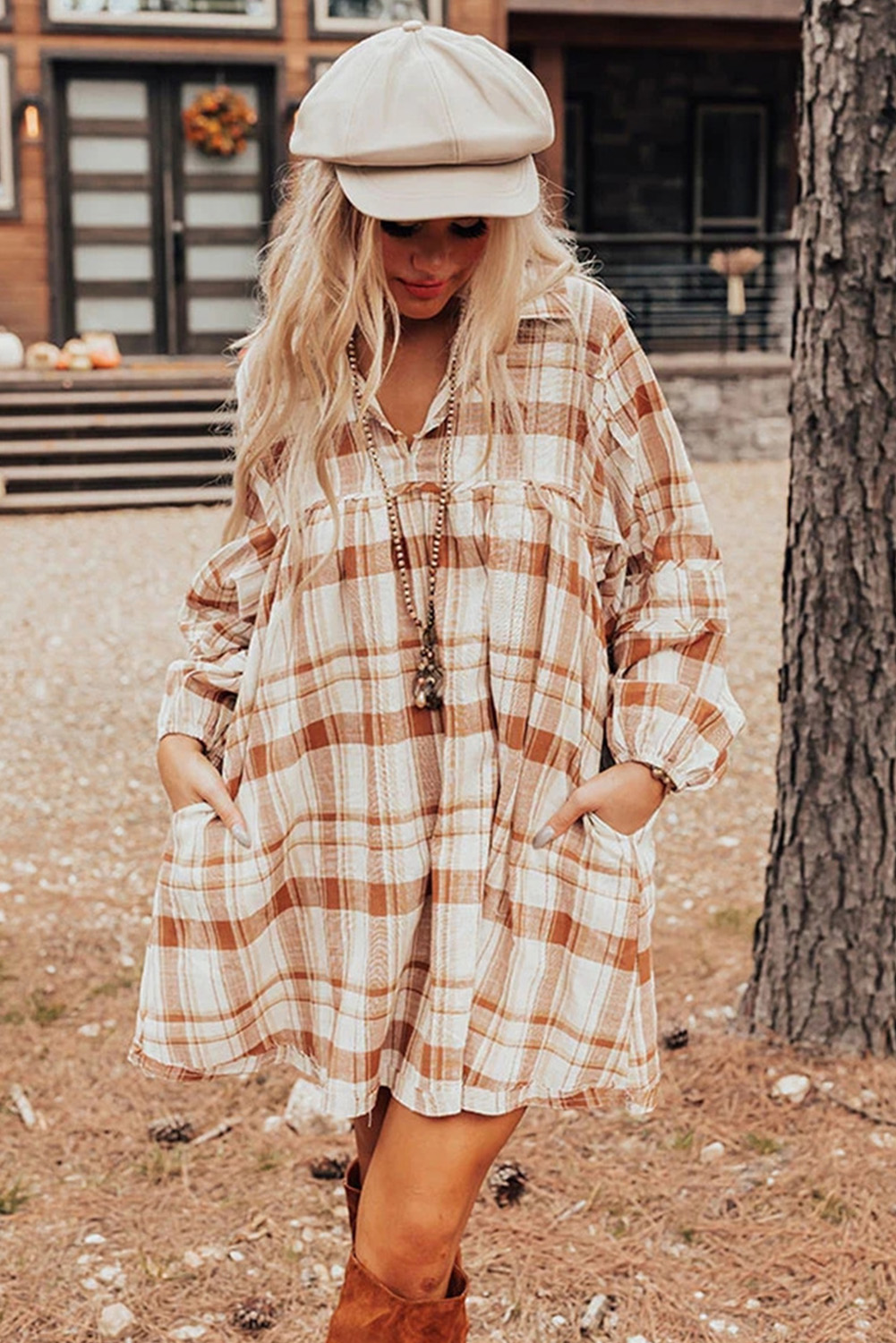 Brown Plaid Print Side Pockets Frilled Babydoll Mini Dress - loveforevers