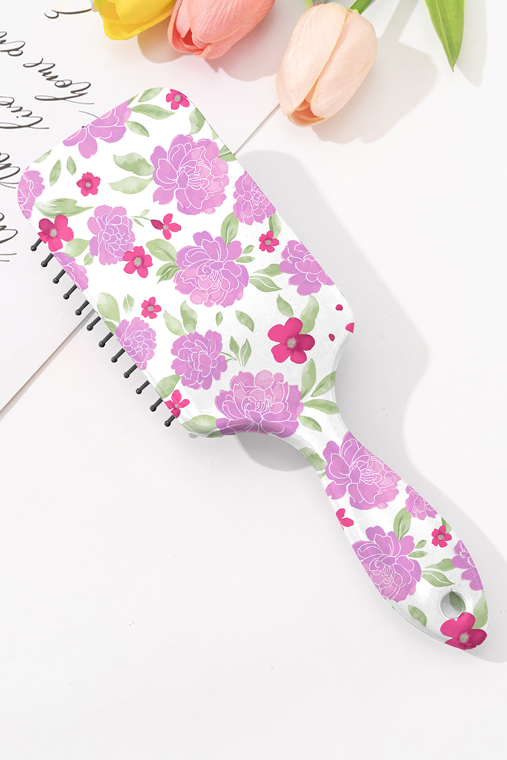 White Peony Flower Print Large Paddle Air Cushion Comb - loveforevers
