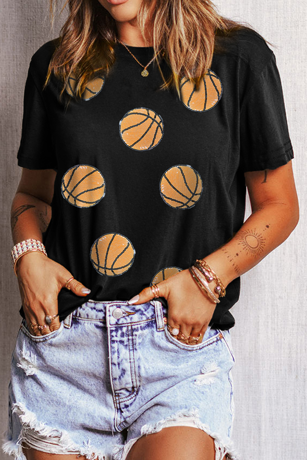 Black Sequin Basketball Graphic Crewneck Game Day T Shirt - loveforevers