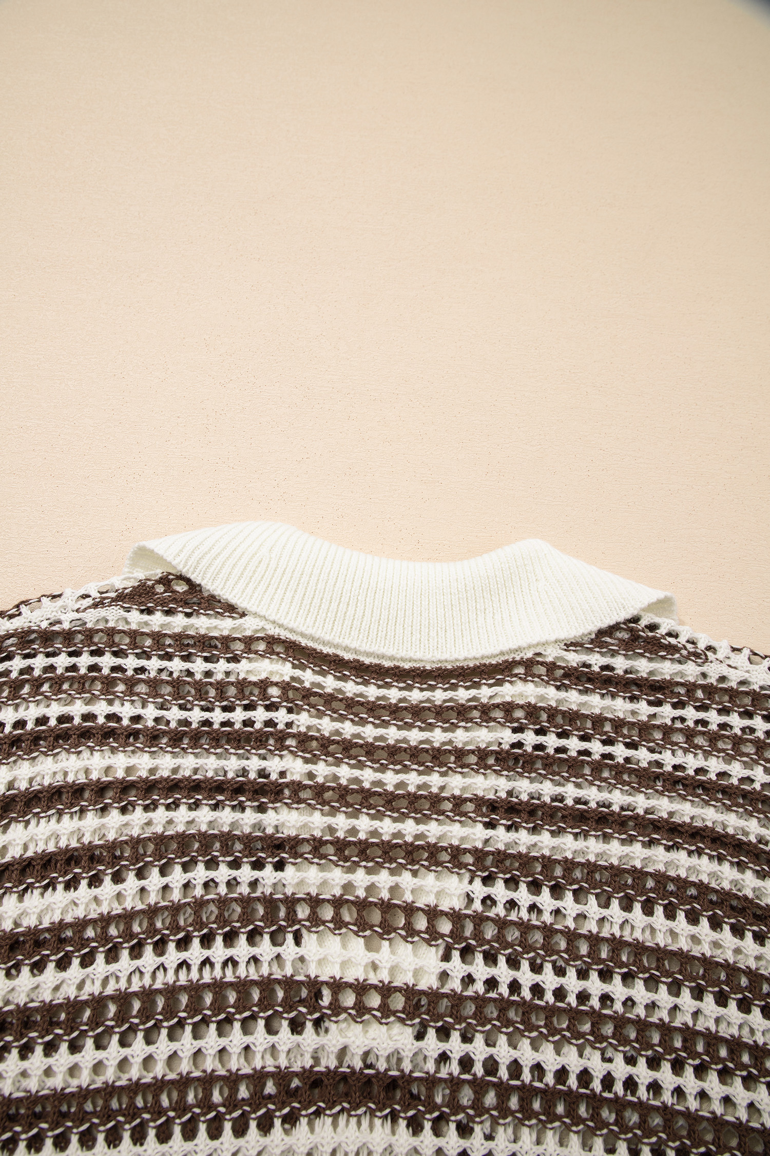 Brown Stripe Eyelet Hollow-out Contrast Collared Pullover Chic Sweater - loveforevers