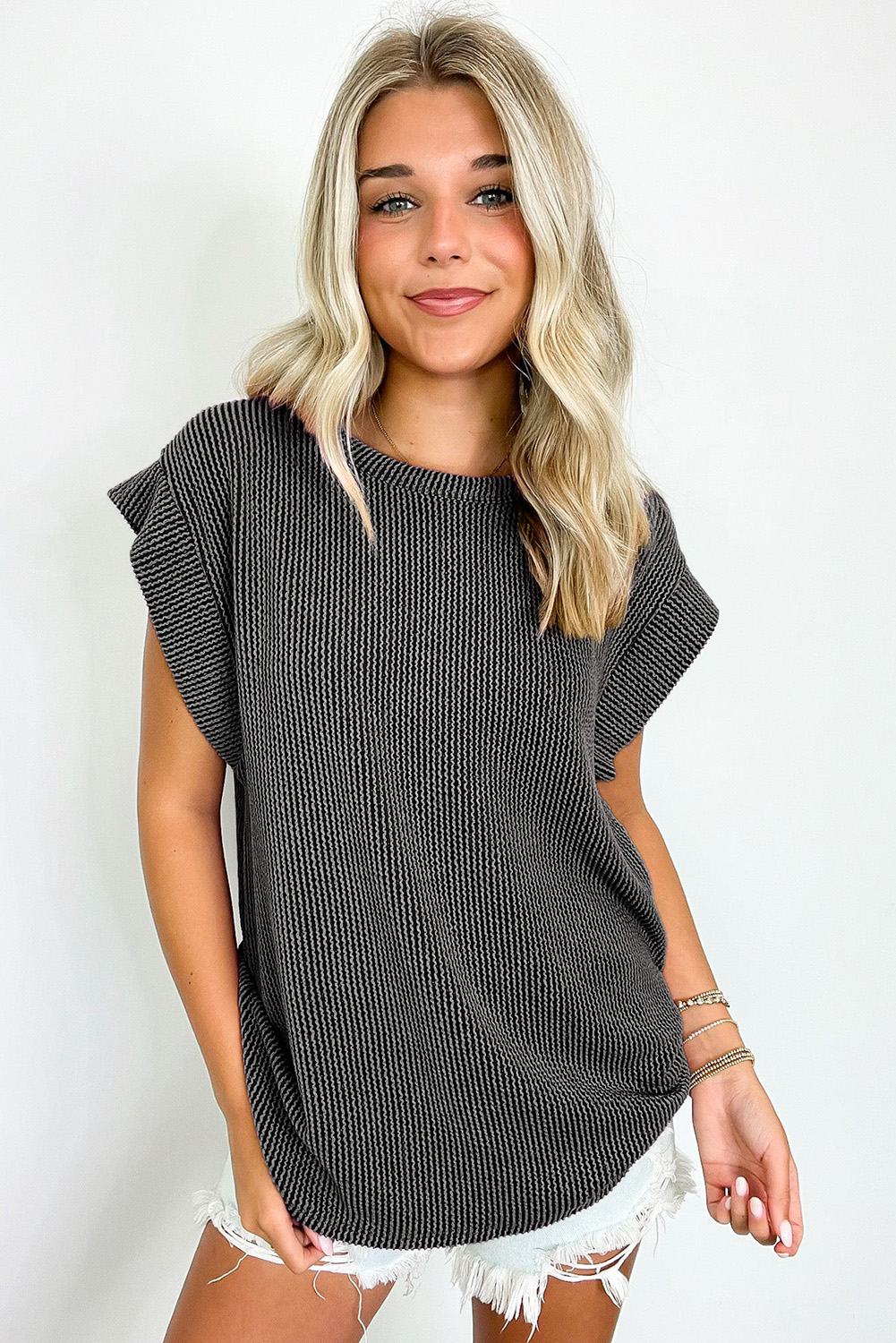 Gray Twisted Rib Wide Sleeve Crew Neck T Shirt - loveforevers