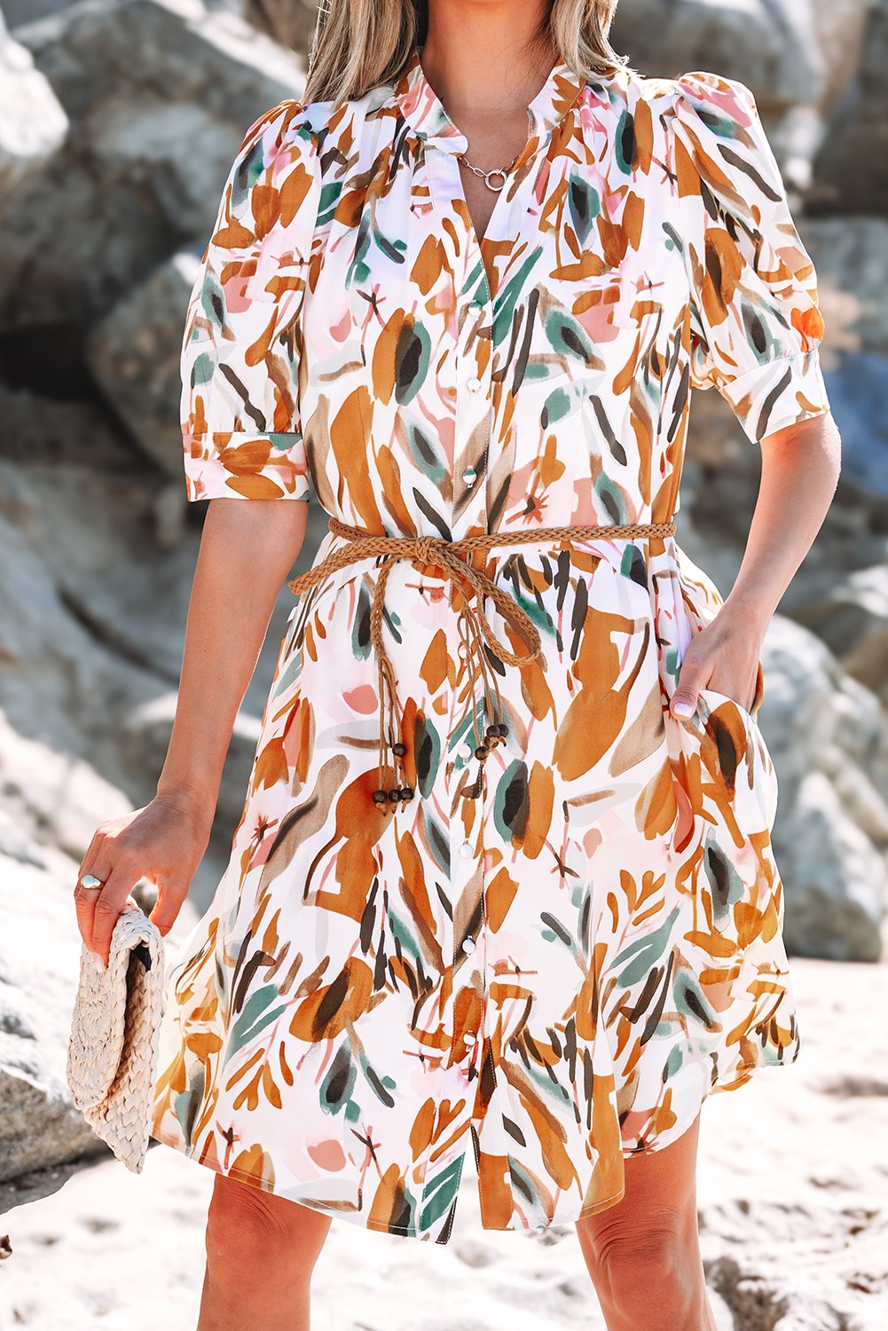 Brown Abstract Printed Puff Sleeve Button Up Braided Belt Mini Dress - loveforevers