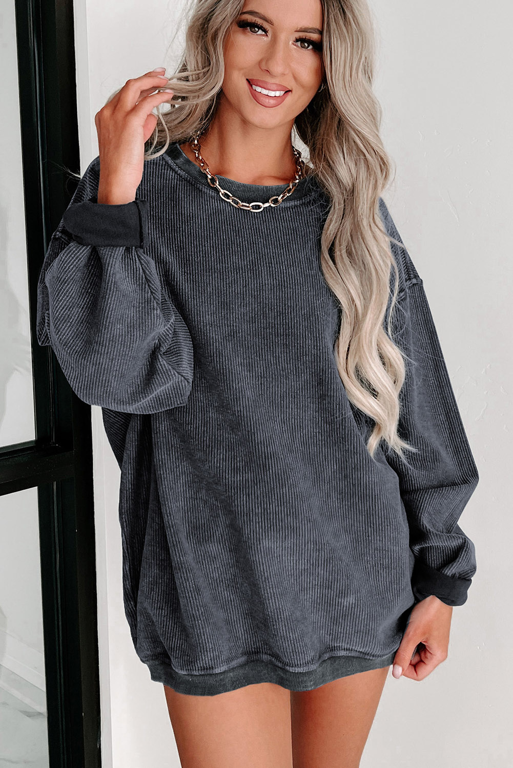 Pink Solid Ribbed Knit Round Neck Pullover Sweatshirt - loveforevers