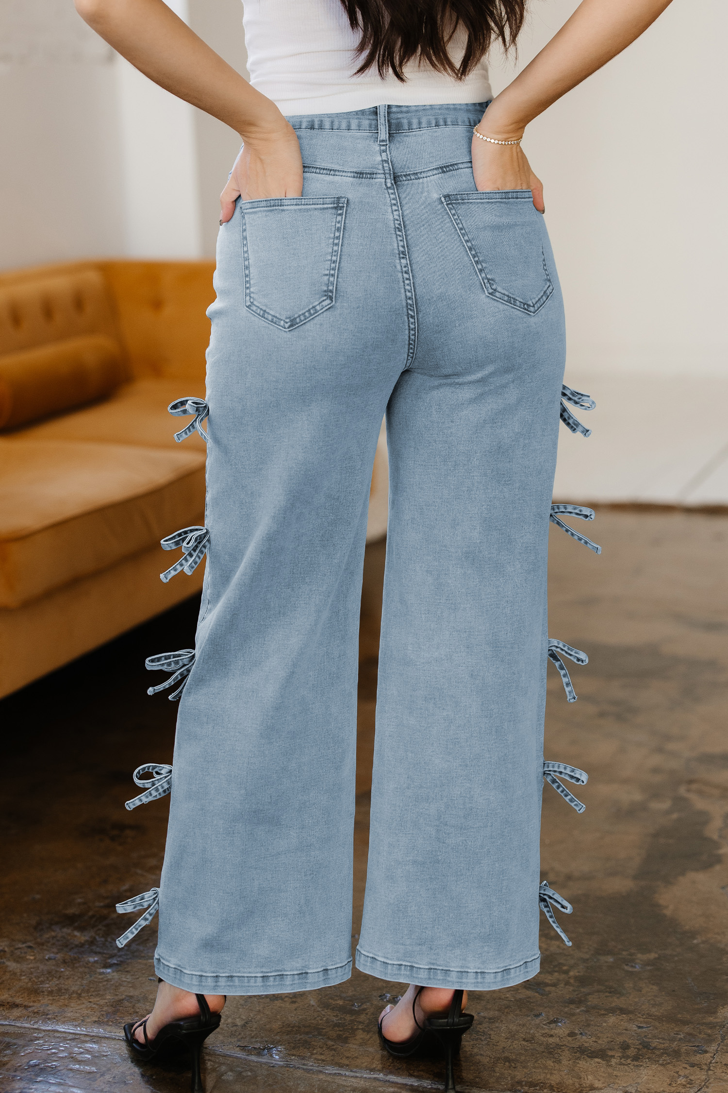 White Bow Knot Side Detail Straight Leg Loose Jeans - loveforevers