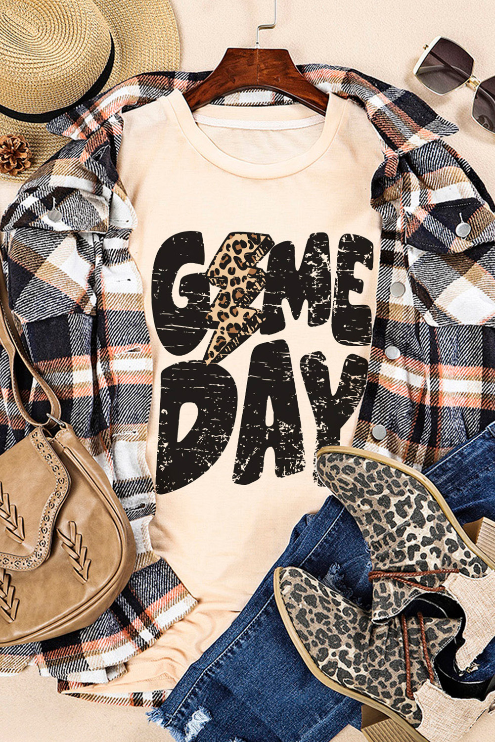 Khaki Game Day Rugby Football Season Leopard Lightning T Shirt - loveforevers