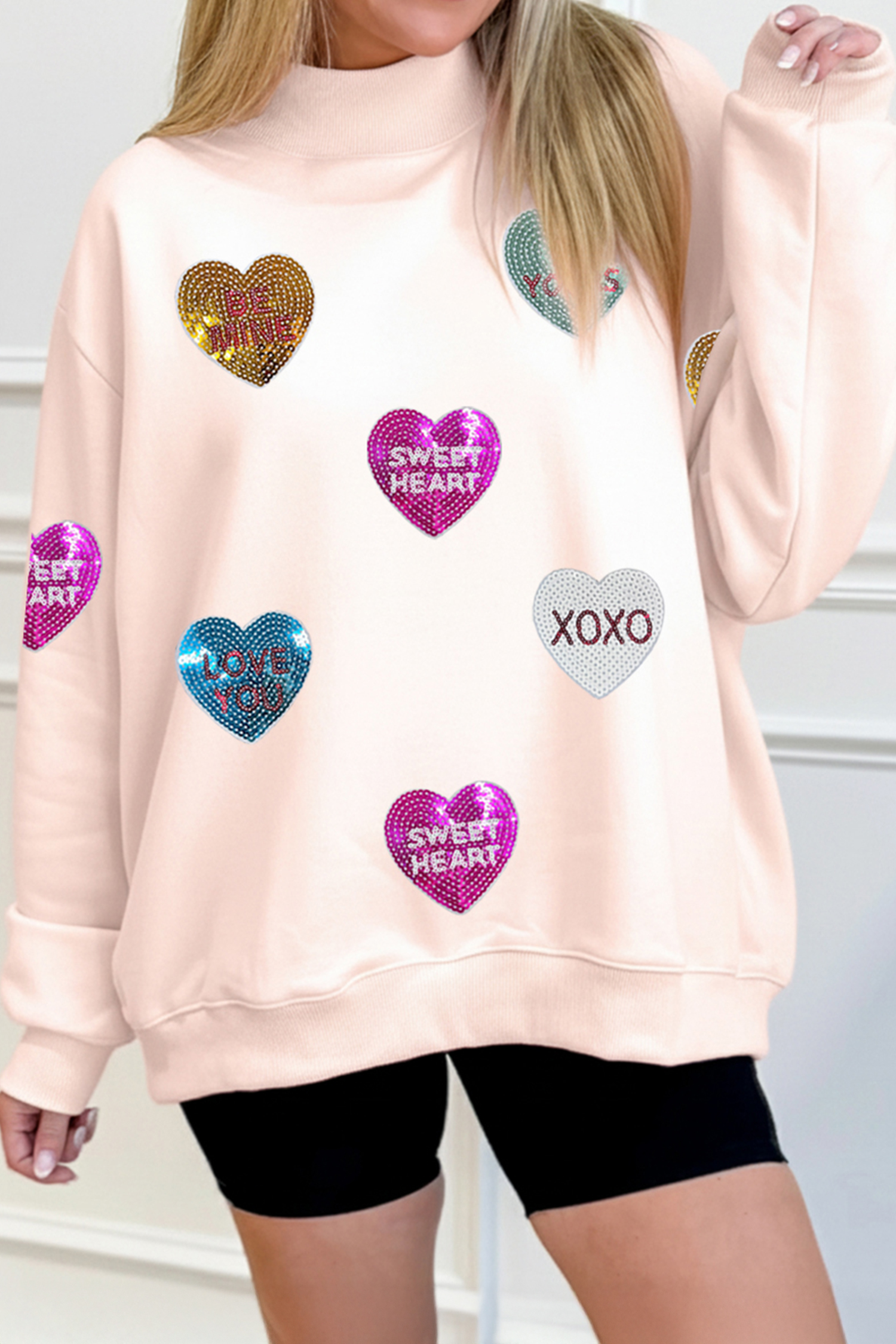 Apricot Pink Cowgirl Element Embroidered Detail Mock Neck Sweatshirt - loveforevers