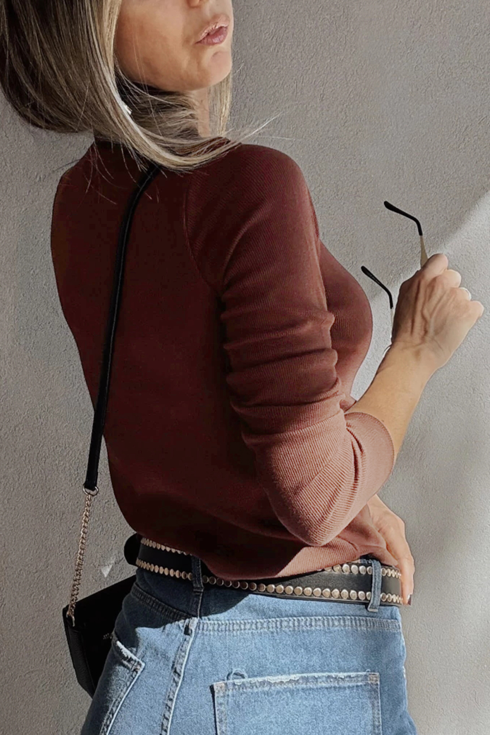 Burgundy Gathered Bust Square Neck Ribbed Fit Long Sleeve Top - loveforevers