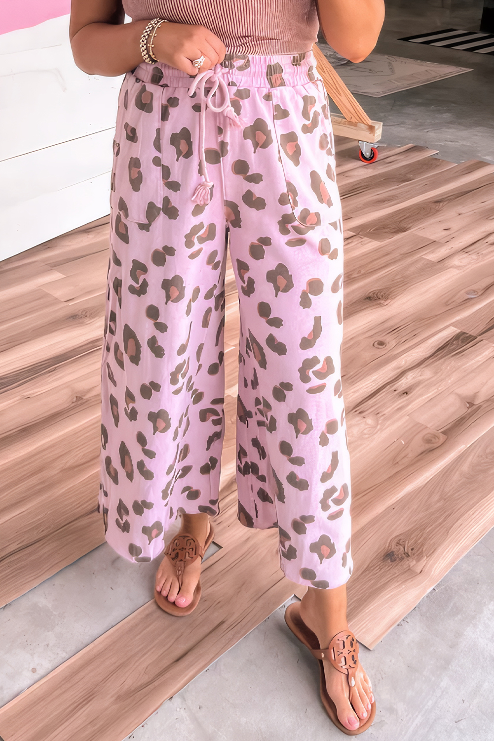 Beige Drawstring Leopard Print Patch Pocket Loose Pants - loveforevers