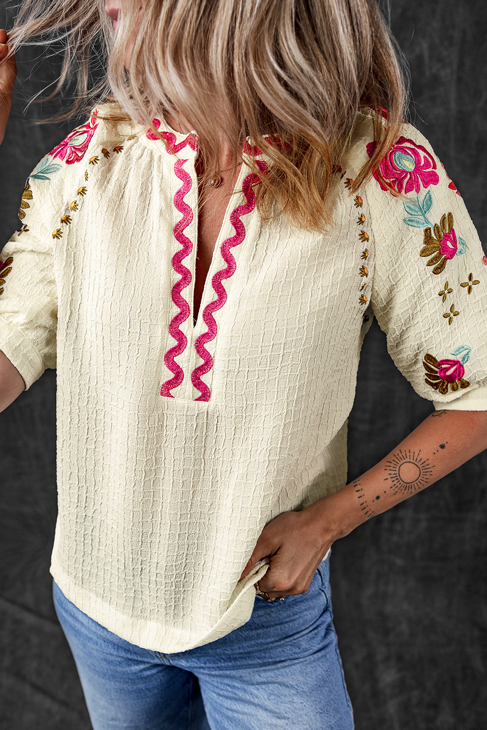 Beige Floral Embroidered Ricrac Puff Sleeve Textured Blouse - loveforevers
