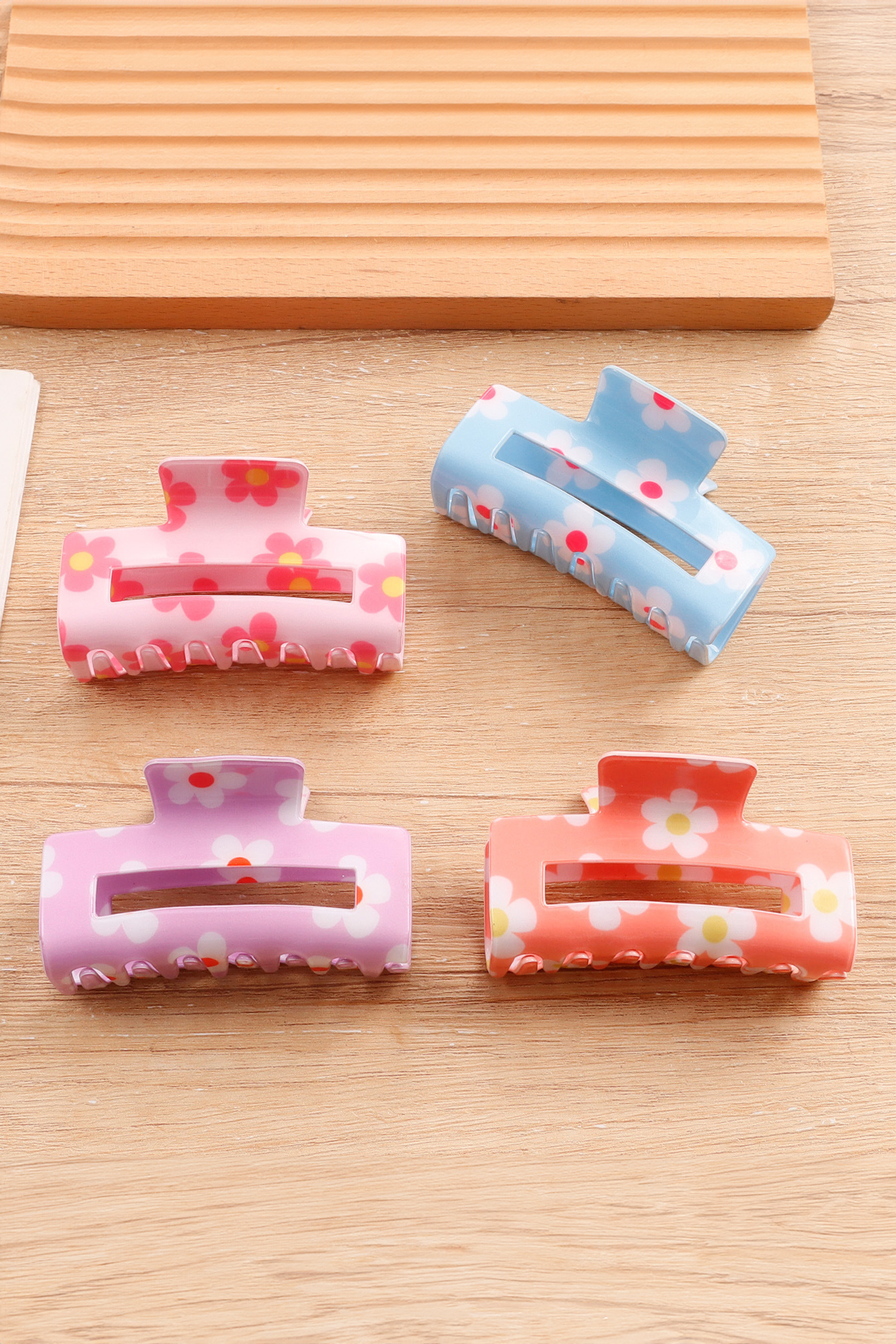 Pink Dainty Flower Printed Rectangular Hollowed Hair Claw Clip - loveforevers