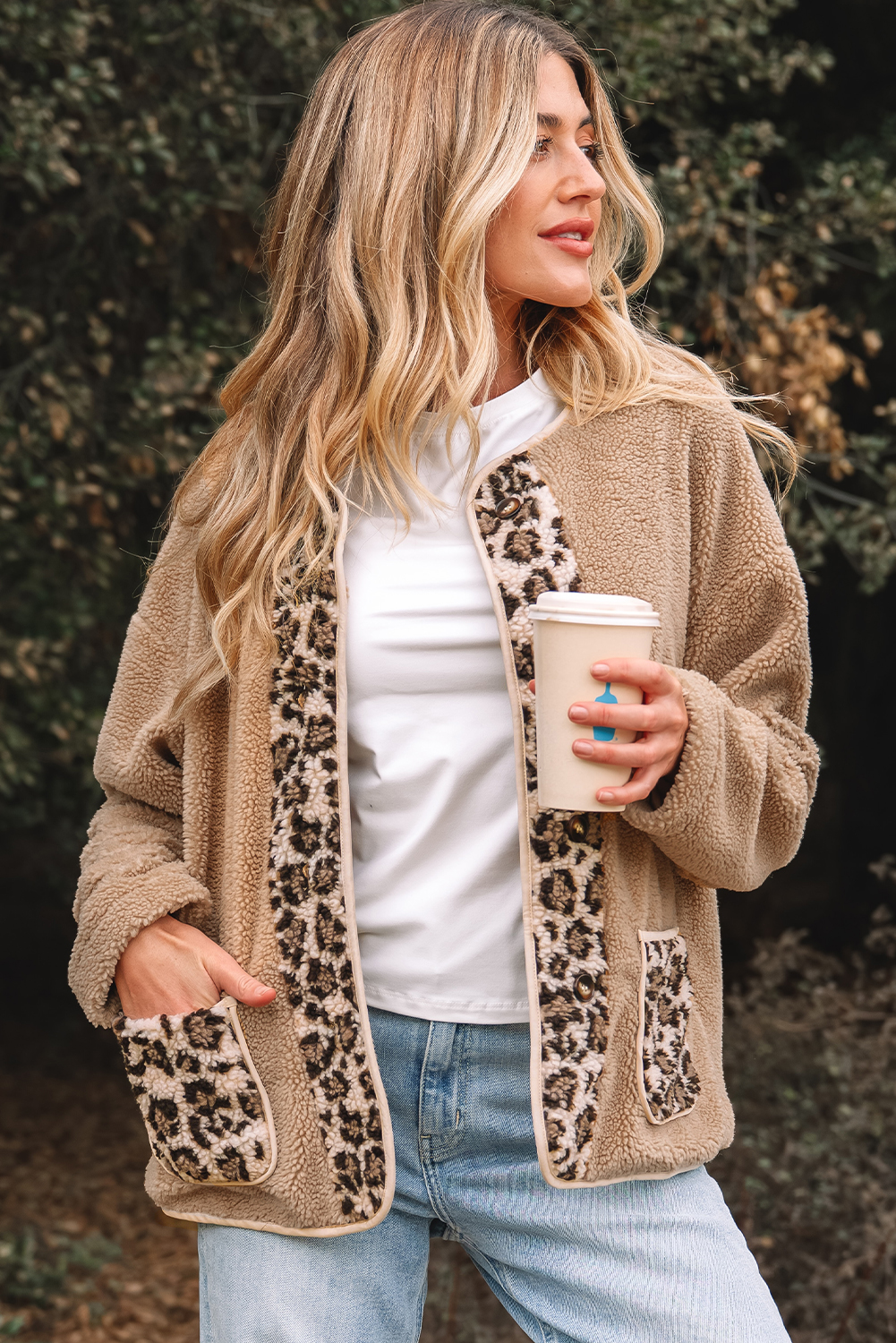 Casual Leopard Print Accent Plush Jacket with Pockets - loveforevers