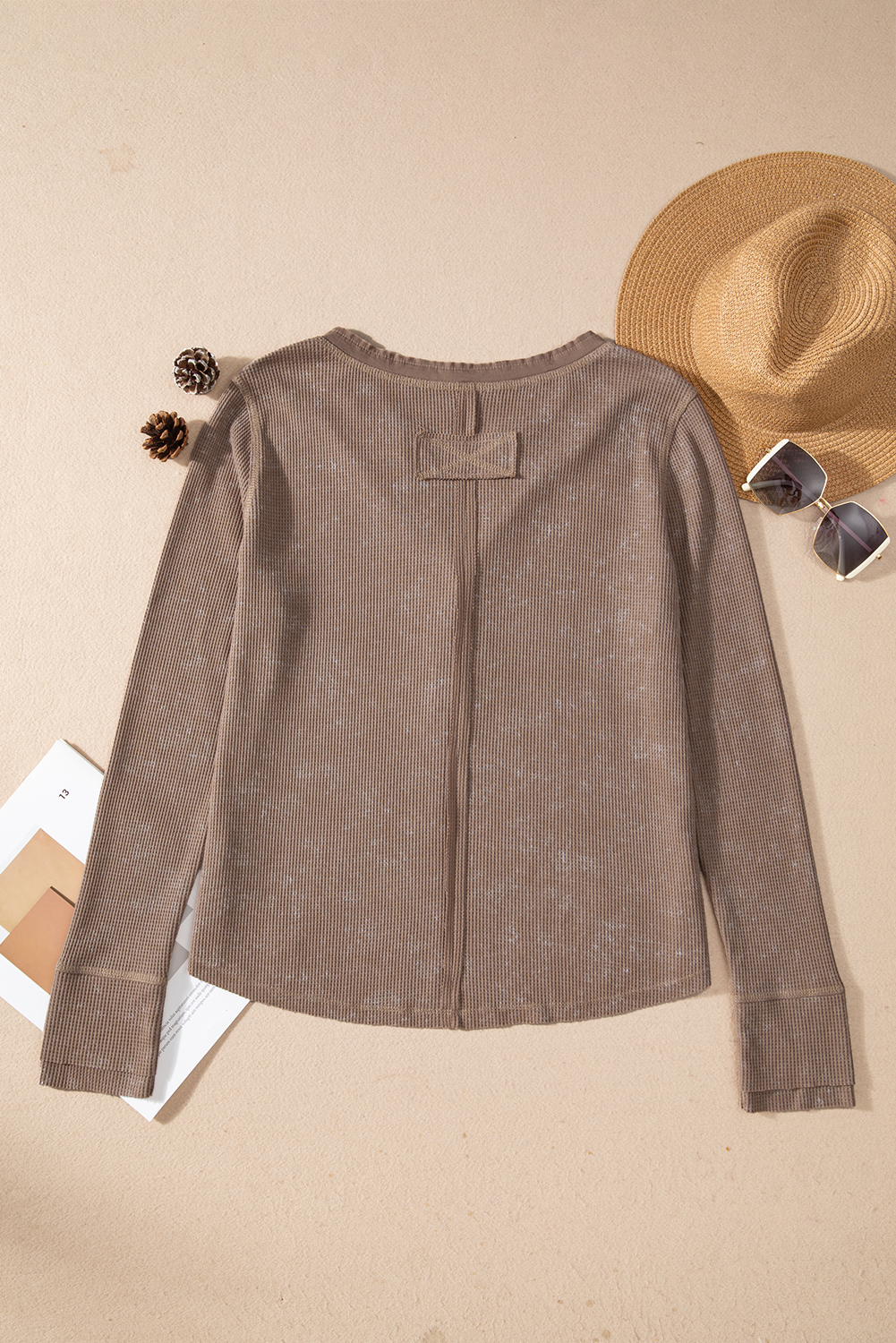 Smoke Green Acid Wash Waffle Knit Buttoned Neckline Long Sleeve Top - loveforevers