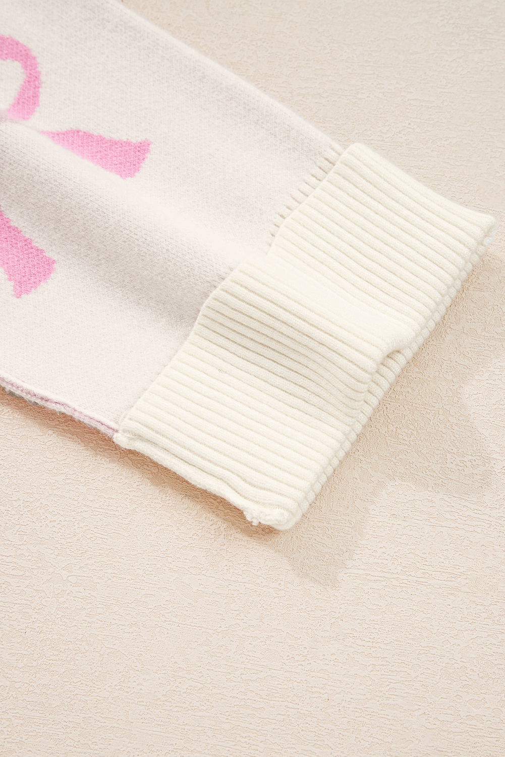 Pink Bow Print Ribbed Trim Exposed Seam Drop Shoulder Loose Sweater - loveforevers