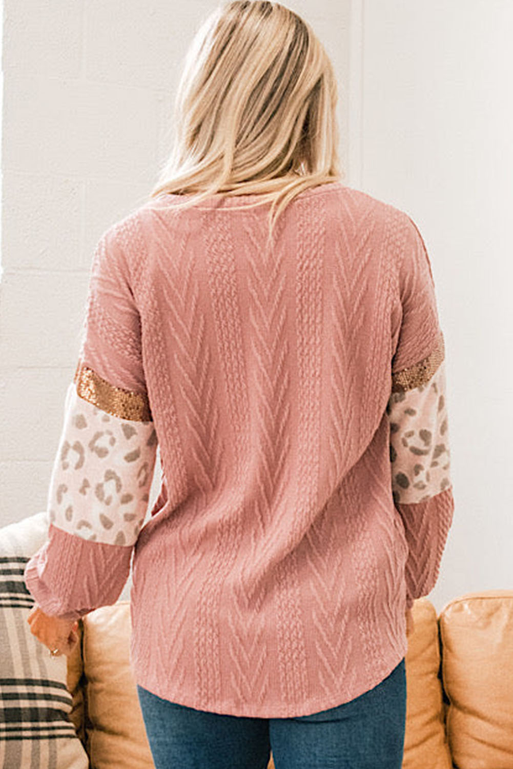 Pink Leopard Sequin Splicing Sleeves Textured Knit Top - loveforevers
