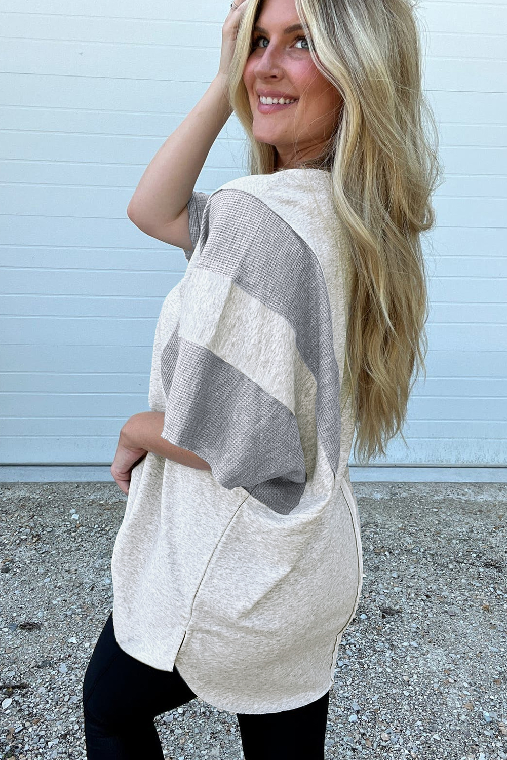 Dearlovers Light Grey Two Tone Contrast Waffle Knit Patched Buttoned V Neck Top - loveforevers