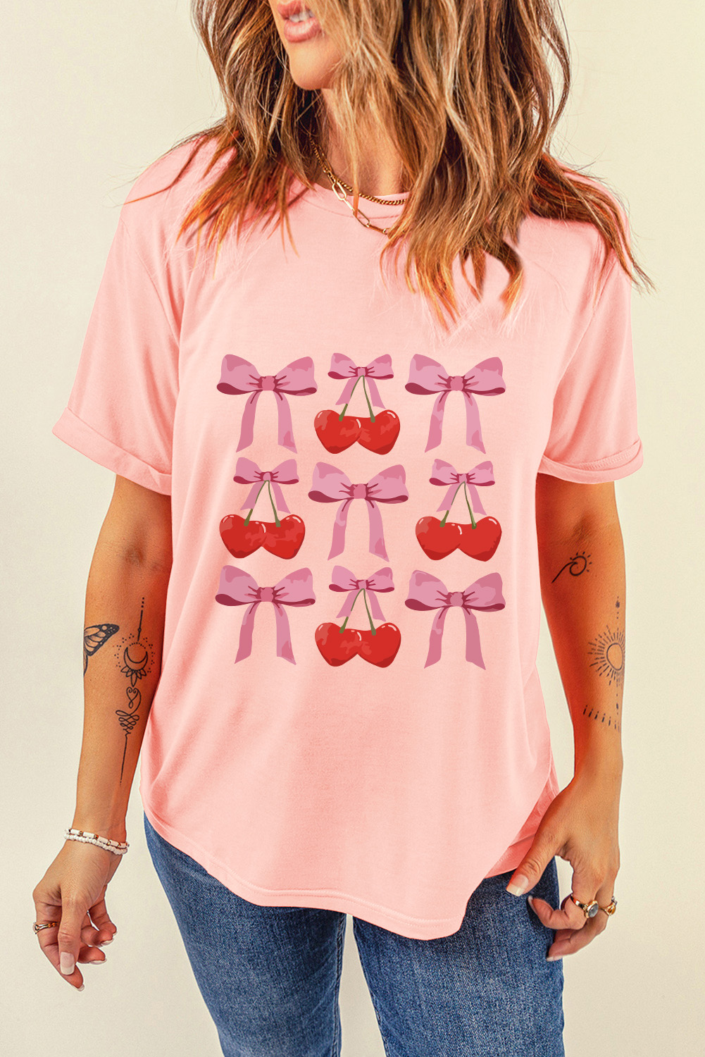 Pink Bow Cherry Print Crew Neck Casual T Shirt - loveforevers